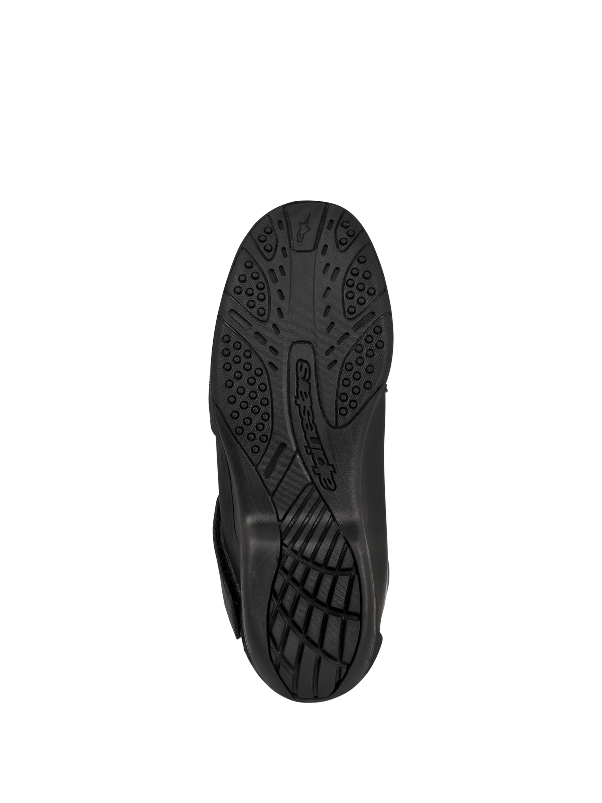 Alpinestars New Land GORE-TEX Stiefel, Schwarz, Unteransicht der Außensohle aus vulkanisierter Gummimischung, strukturiertes Profilmuster für Grip und Traktion, mit geprägtem Alpinestars-Branding, Road-Touring-Motorradstiefel