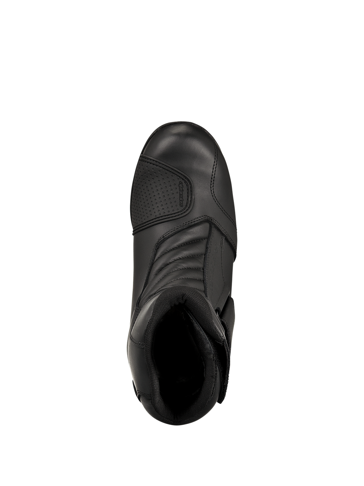 Alpinestars New Land GORE-TEX Stiefel, Schwarz, Draufsicht, Vollnarbenleder-Konstruktion, vordere Akkordeon-Flexzonen, verstärktes Schaltpolster, mittelhohe wasserdichte Touren-Motorradstiefel