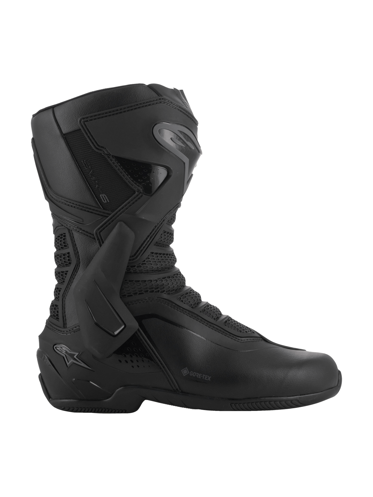 Alpinestars SMX-6 V3 GORE-TEX Stiefel, Schwarz und Dunkelgrau, wasserdichte Performance-Motorradstiefel, mit seitlicher TPU-Knöchelstütze und Schienbeinplatte, ergonomische Mikrofaser-Konstruktion mit 3D-Mesh-Einsätzen, GORE-TEX Logo an der Seite, spezialisiertes Schuhwerk für Rennstrecke und Straße