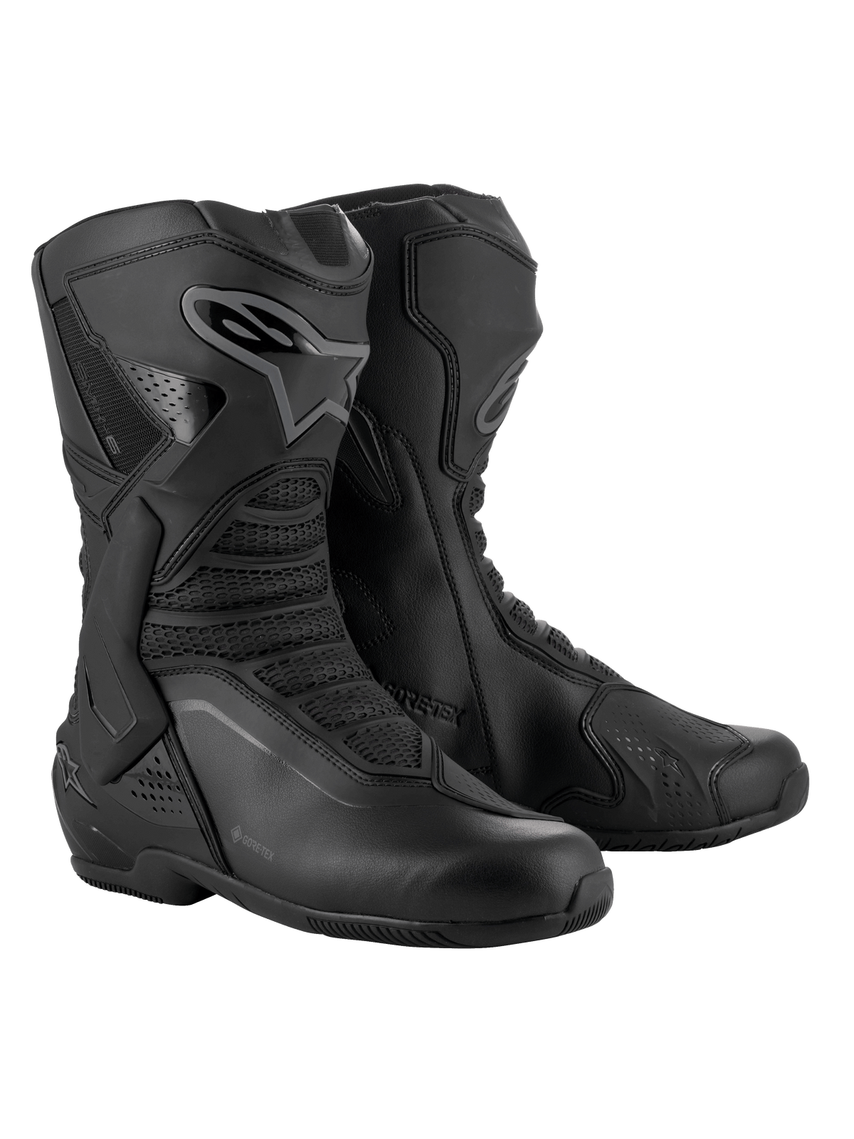 Alpinestars SMX-6 V3 GORE-TEX Boots, Black and Dark Gray, high-performance motorcycle boots featuring a waterproof GORE-TEX membrane, TPU shin plates with Astar logo, and flexible mesh panels for improved ergonomics.