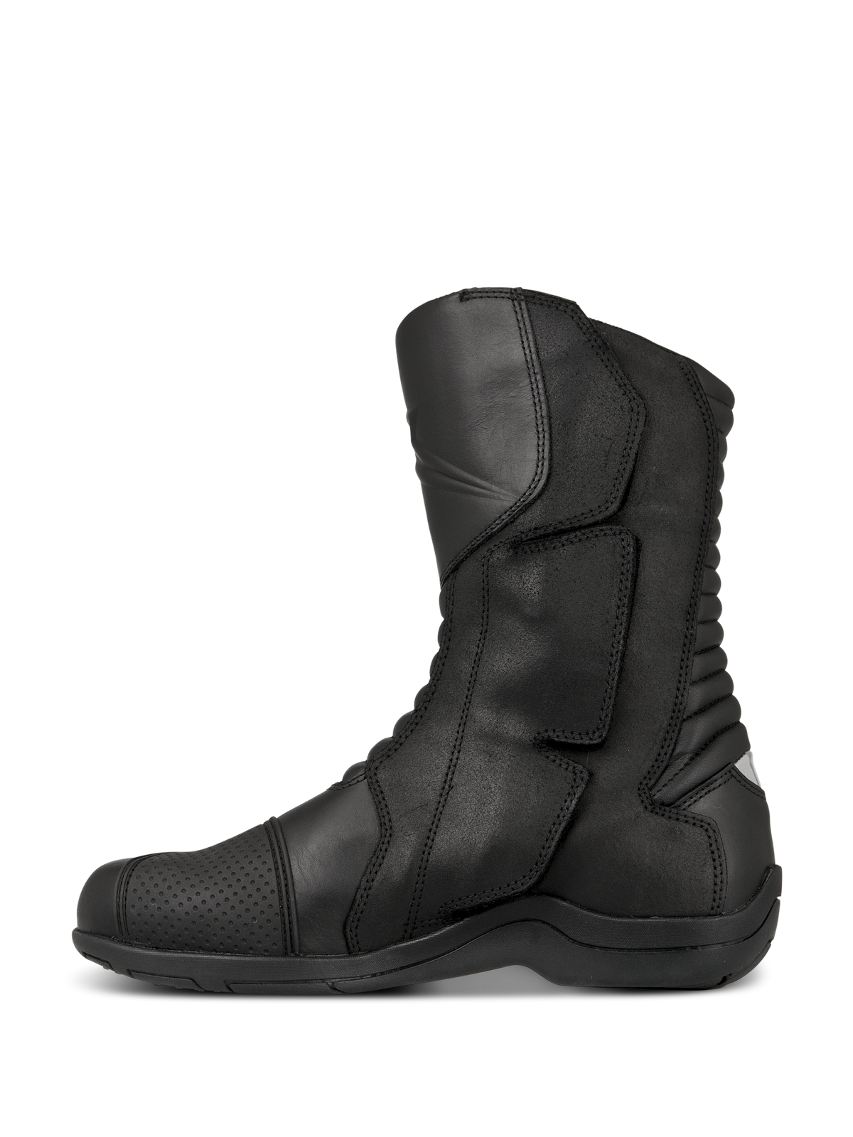 Alpinestars Web GORE-TEX Stiefel, Touren-Motorradstiefel, Schwarz, Seitenprofil-Ansicht mit Lederkonstruktion, seitlichem Einstiegssystem mit großer Verschlusslasche und hinteren Akkordeon-Flexzonen für verbesserte Beweglichkeit