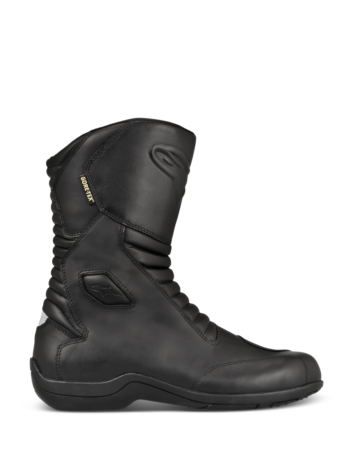 Alpinestars Web GORE-TEX Stiefel, schwarze Motorrad-Tourenstiefel aus Leder, Seitenprofil-Ansicht, wasserdichtes GORE-TEX-Futter, verstärkter Knöchel- und Zehenschutz, Akkordeon-Flex-Einsätze vorne und hinten, strapazierfähige Gummisohle, elegante Allwetter-Straßenausrüstung