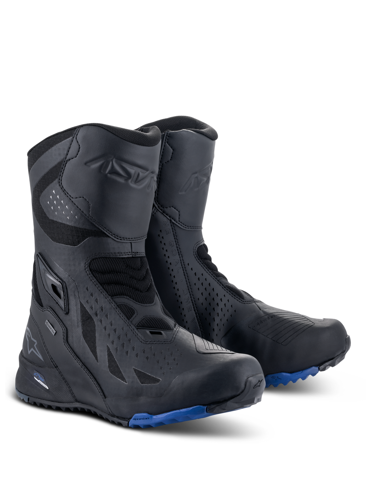 Alpinestars RT-8 GORE-TEX Stiefel, Motorrad-Tourenstiefel, Schwarz Blau, mit technischem Obermaterial aus Mikrofaser und Synthetikgewebe, blauer Profilsohle für Traktion, wasserdichter GORE-TEX-Konstruktion und schützenden Schienbein- und Fersenbereichen.