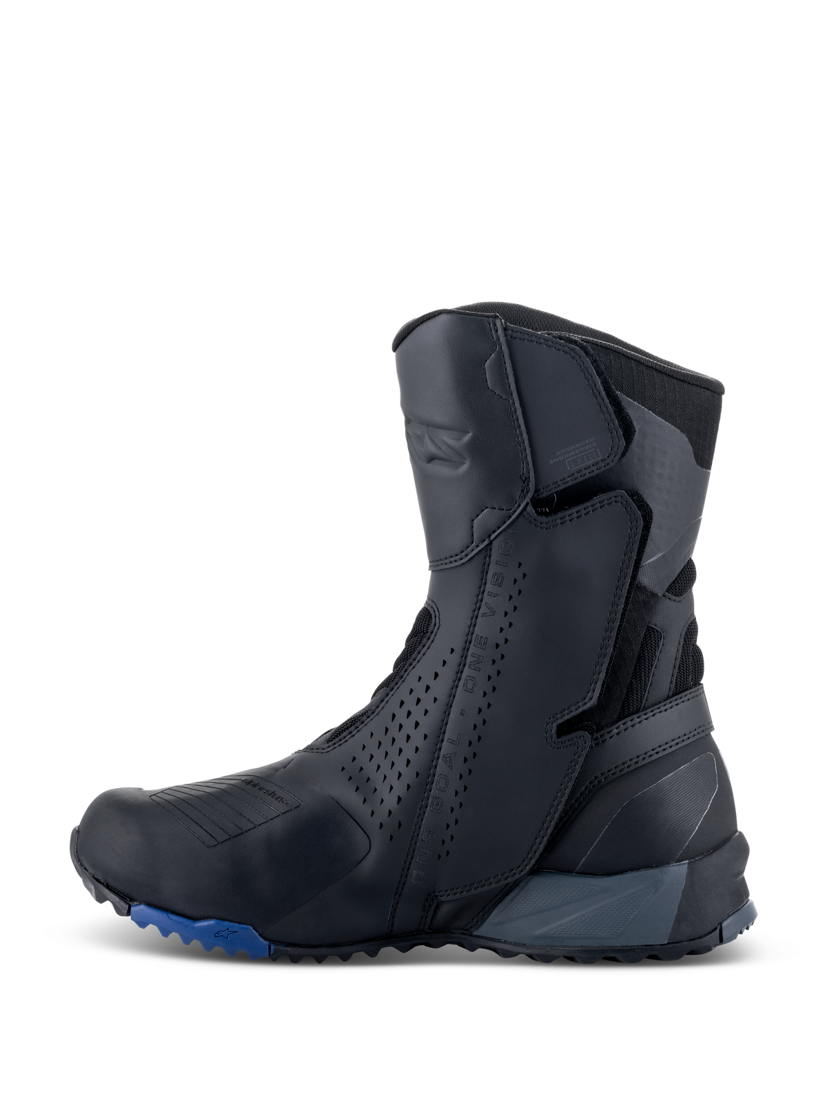 Alpinestars RT-8 GORE-TEX Stiefel, Motorrad-Tourenstiefel, Schwarz und Blau, Seitenansicht mit einem schlanken Mikrofaser-Obermaterial, perforierten Paneelen, integrierten Schutzzonen und einer robusten Sohle mit blauen Akzenten.
