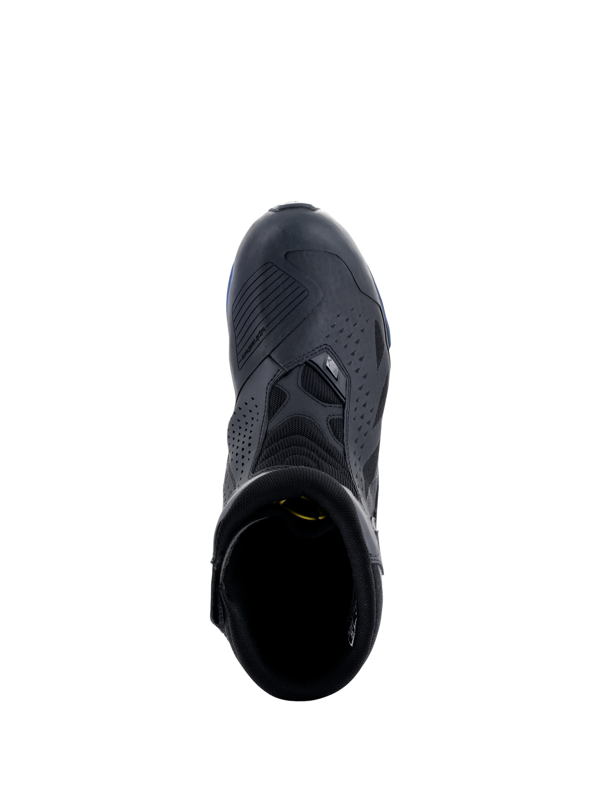 Alpinestars RT-8 GORE-TEX Stiefel, Schwarz und Blau, Draufsicht mit Schaltpolster, perforierten Mikrofaser-Einsätzen und blauen Sohlenakzenten, technische wasserdichte Touren-Motorradstiefel