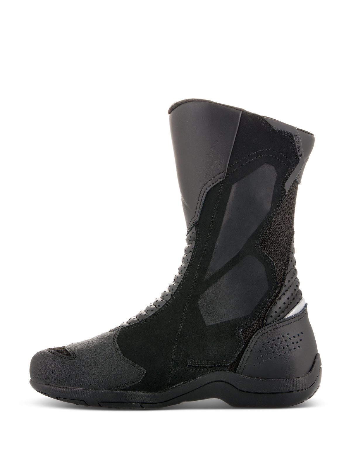 Alpinestars Air Plus V2 GORE-TEX Boots, Motorcycle Touring Boots, Black, side profile view, multi-material construction with ventilated mesh and leather panels, high-cut design with reinforced shin and heel protection for all-weather riding