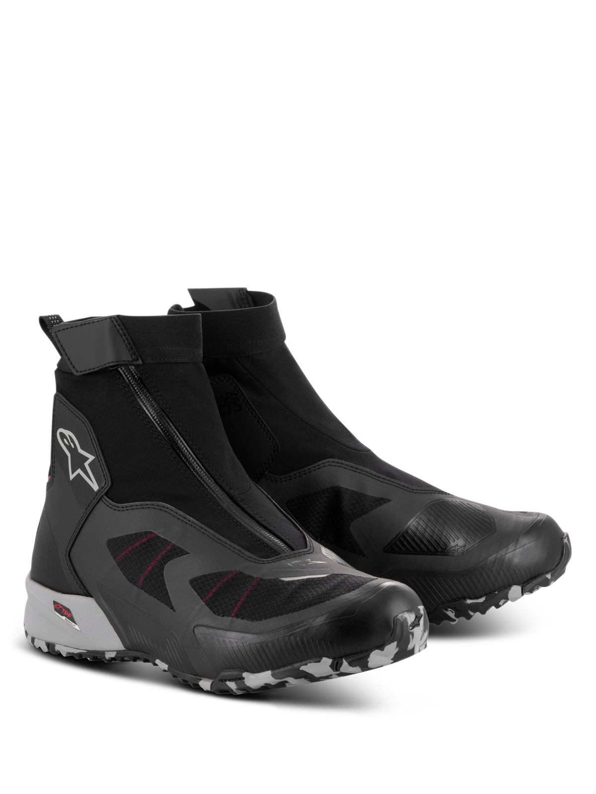 Alpinestars CR-8 GORE-TEX Schuhe, wasserdichte Motorradschuhe, Schwarz, Mittelgrau und leuchtendes Rot, mit schrägem Reißverschluss, hoch geschnittener Stretch-Innenschuh-Konstruktion und strapazierfähiger Profilsohle mit Camouflage-Muster