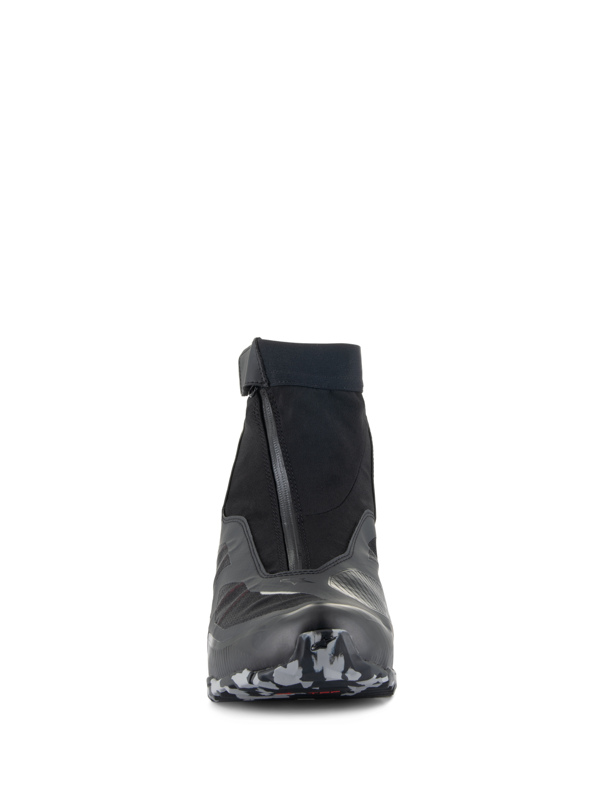 Alpinestars CR-8 GORE-TEX Schuhe, Motorradschuhe, Schwarz, Mittelgrau und leuchtendes Rot, Frontansicht mit abgewinkeltem wasserdichtem Reißverschluss und elastischem Schaftabschluss, Sohle mit Camouflage-Muster, schlankes wasserdichtes Touren-Design