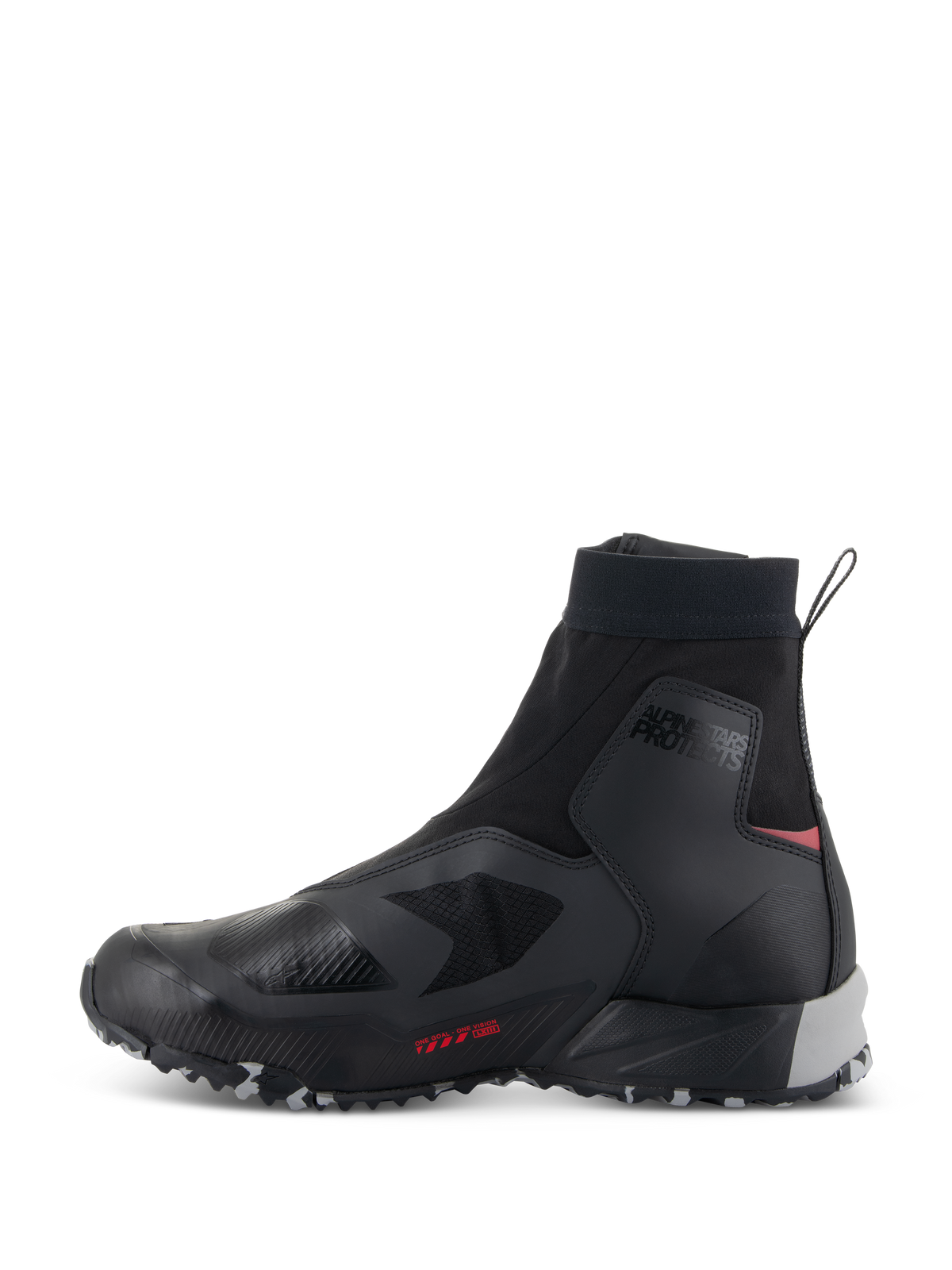 Alpinestars CR-8 GORE-TEX Schuhe, wasserdichte Motorradschuhe, Schwarz, Mittelgrau und Hellrot, Seitenansicht mit einem eleganten schwarzen Textil-Obermaterial, hoch geschnittenem elastischem Schaft, 'ALPINESTARS PROTECTS' Branding am Knöchel, mittelgrauer Fersenstütze und hellroten Akzenten.