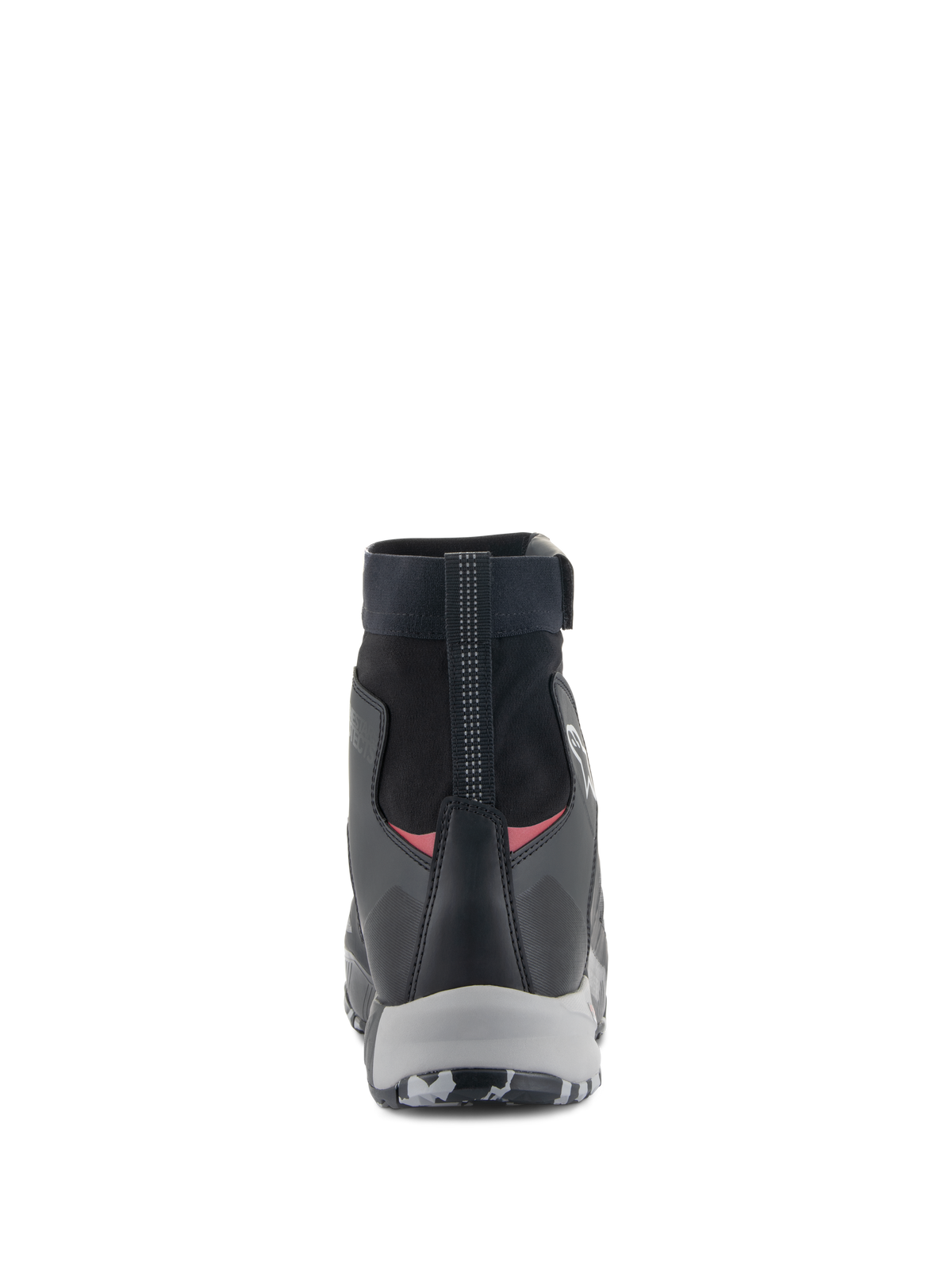 Alpinestars CR-8 GORE-TEX Schuhe, wasserdichte Motorradschuhe, Schwarz, Mittelgrau und Leuchtendes Rot, Rückansicht mit Fokus auf den hoch geschnittenen elastischen Schaftabschluss, die verstärkte Fersenkappe und die graue Zwischensohle.