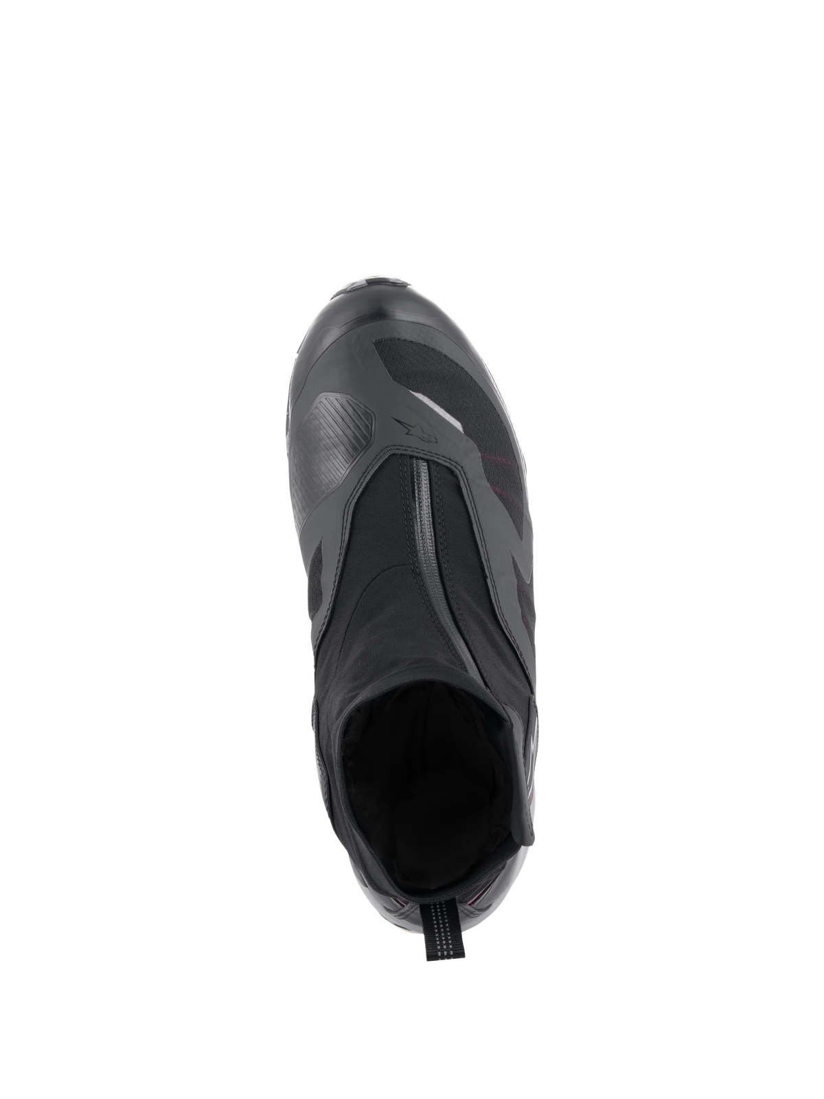 Alpinestars CR-8 GORE-TEX Schuh in Schwarz, Mid Gray und Bright Red, Draufsicht mit abgewinkeltem wasserdichtem Reißverschluss, Innenschuh-Konstruktion und strukturierter Schaltverstärkung für Allwetter-Motorradtouren