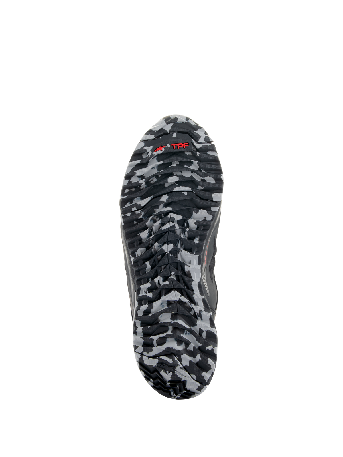 Alpinestars CR-8 GORE-TEX Schuhe, Außensohlen-Ansicht, schwarz-mittelgraues Camouflage-Muster, rotes TPF-Logo auf strukturierter Gummisohle, Detail wasserfester Tourenschuhe