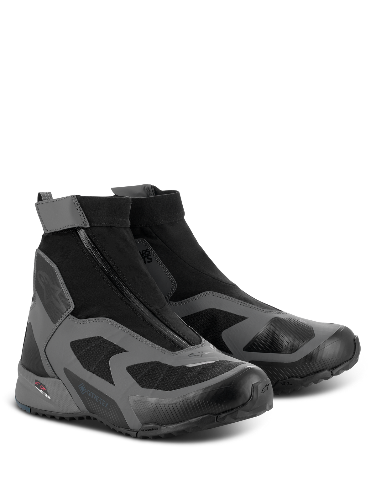 Alpinestars CR-8 GORE-TEX Schuhe, Motorradschuhe, Schwarz, Dunkelgrau und Petrolblau, mit hochgeschnittenem wasserdichtem Design, schrägem Reißverschluss und GORE-TEX-Branding.
