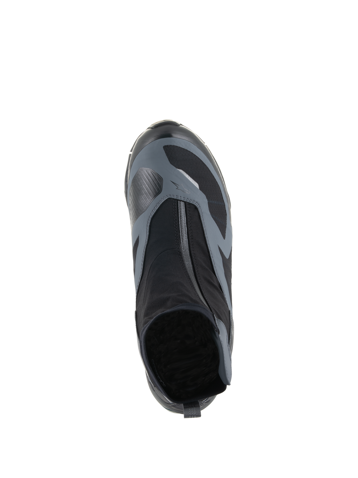 Alpinestars CR-8 GORE-TEX Schuhe, Schwarz und Dunkelgrau, Draufsicht mit abgewinkeltem wasserdichtem Reißverschluss und technischem Textil-Obermaterial, entwickelt für Adventure-Touren.