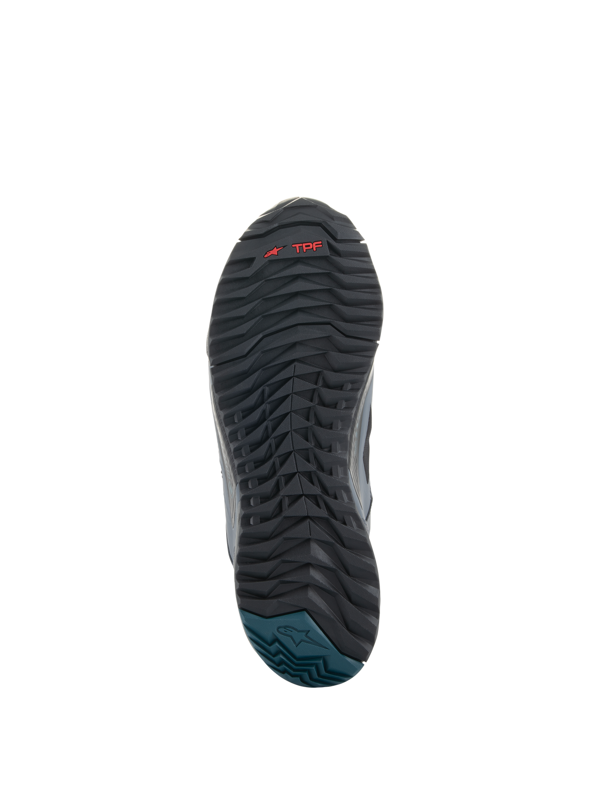Alpinestars CR-8 GORE-TEX Schuhe, Sohlenansicht, Gummiaußensohle in Schwarz und Dunkelgrau mit texturiertem, wellenförmigem Profil, rotes TPF-Branding, petrolblaue Ferse mit Alpinestars-Logo, strapazierfähiges Design für das Motorradfahren