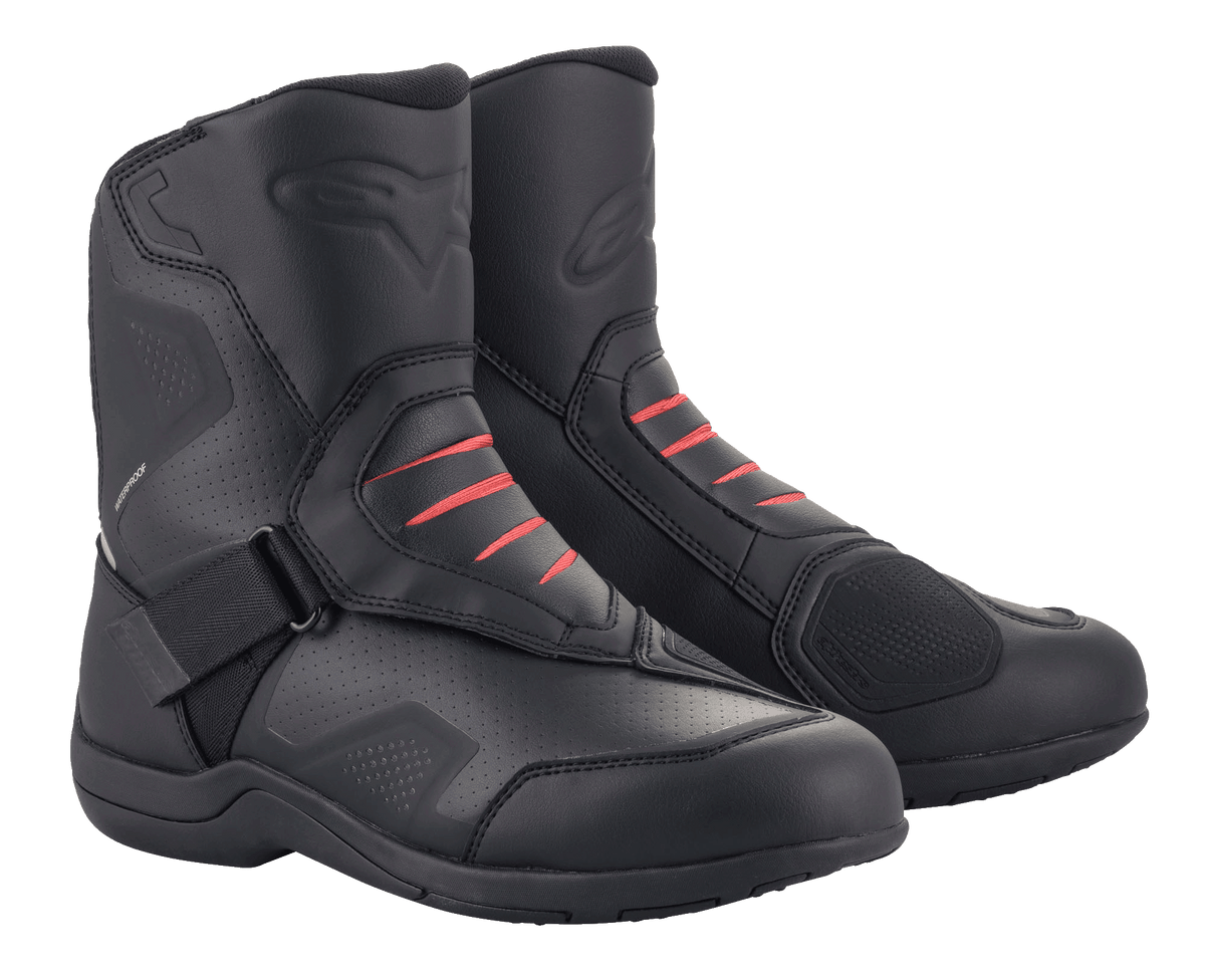 Alpinestars Ridge V2 Waterproof Boots, Black, motorcycle touring boots featuring durable microfiber construction with red accents, Velcro strap closure, embossed Alpinestars logo, and a waterproof membrane for all-weather riding.