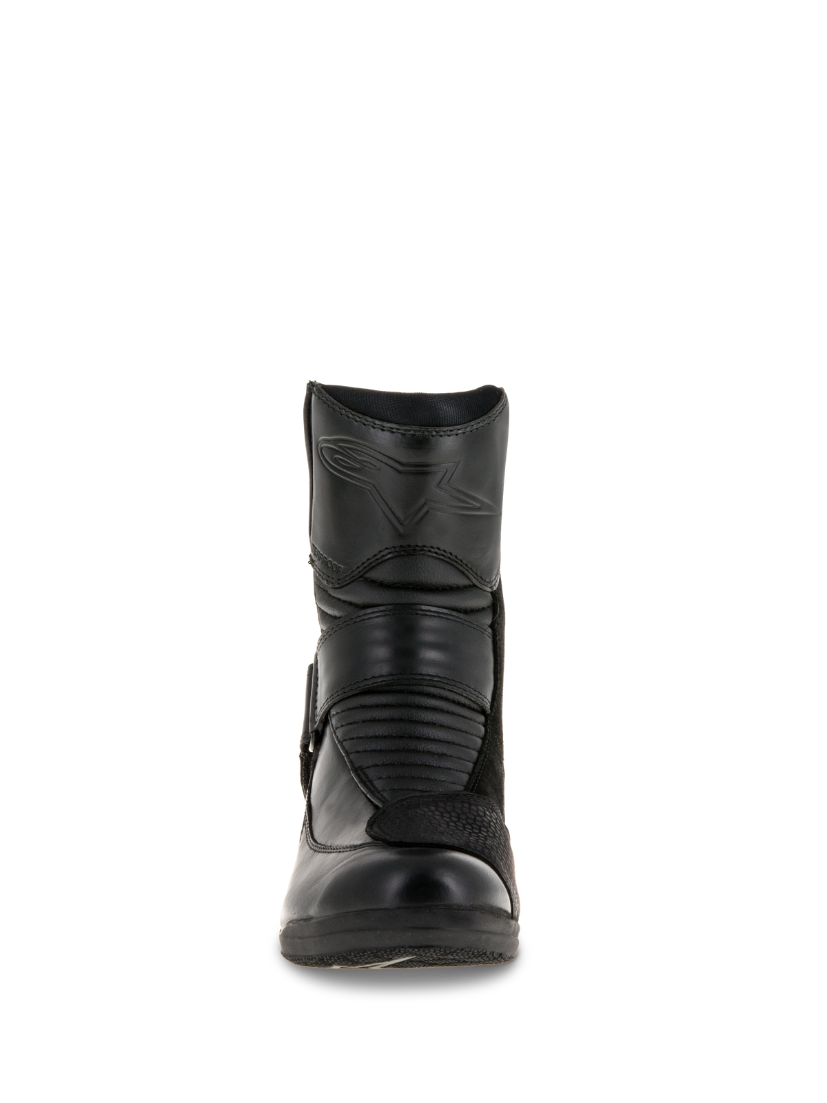 Alpinestars Stella Valencia Waterproof Damenstiefel, Vorderansicht, schwarze Lederkonstruktion, mit vorderen Akkordeon-Flexzonen und geprägtem Stern-Logo am Schienbein, niedrig geschnittener wasserdichter Motorrad-Tourenstiefel