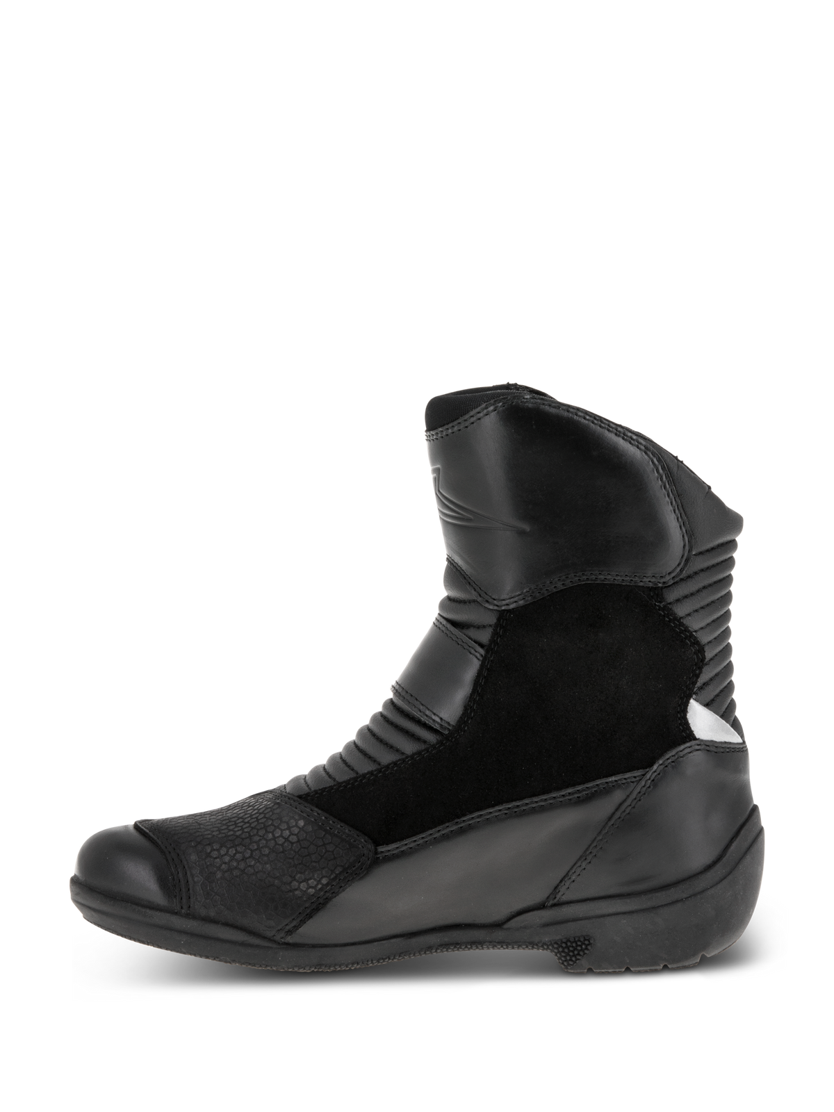 Alpinestars Damen Stella Valencia Waterproof Stiefel, Schwarz, Seitenansicht, Mehrpaneel-Design aus Leder und Wildleder, vordere und hintere Akkordeon-Flexzonen, niedrig geschnittene Motorrad-Tourenstiefel