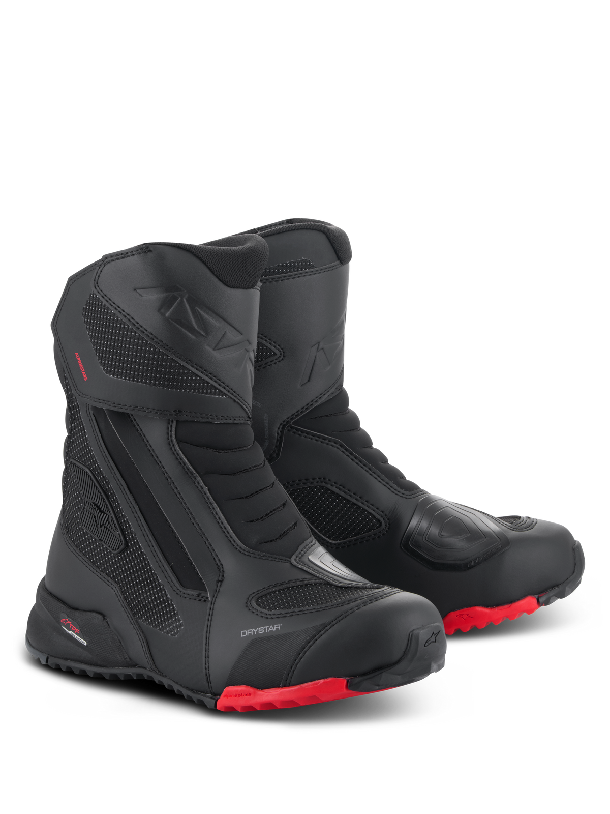 Alpinestars RT-7 Drystar Boots, Motorcycle Touring Boots, Black and Red, featuring waterproof Drystar membrane, durable textile and microfiber construction, red lugged soles, and protective reinforced areas for all-terrain adventure
