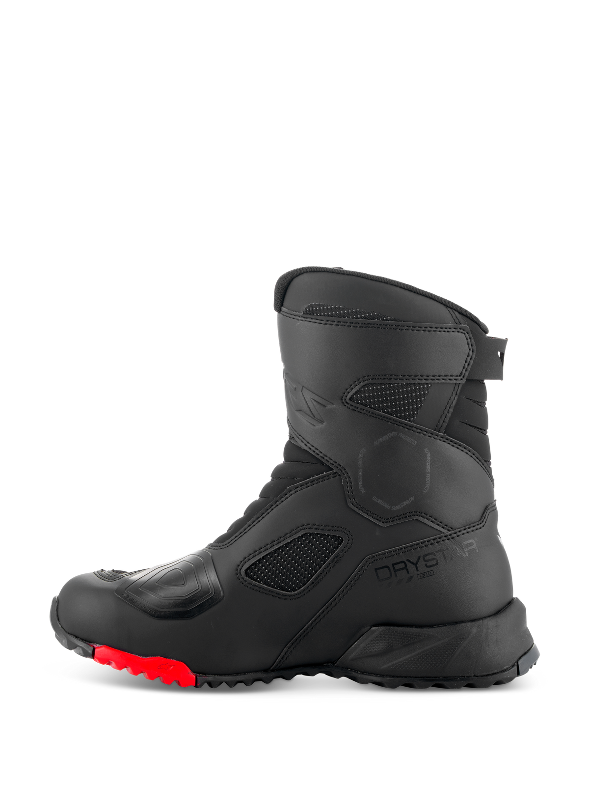 Alpinestars RT-7 Drystar® Boots, Motorcycle Touring Boots, Black and Red, side profile view featuring Drystar logo, reinforced shift pad, and durable lugged sole with red accents for adventure riding.
