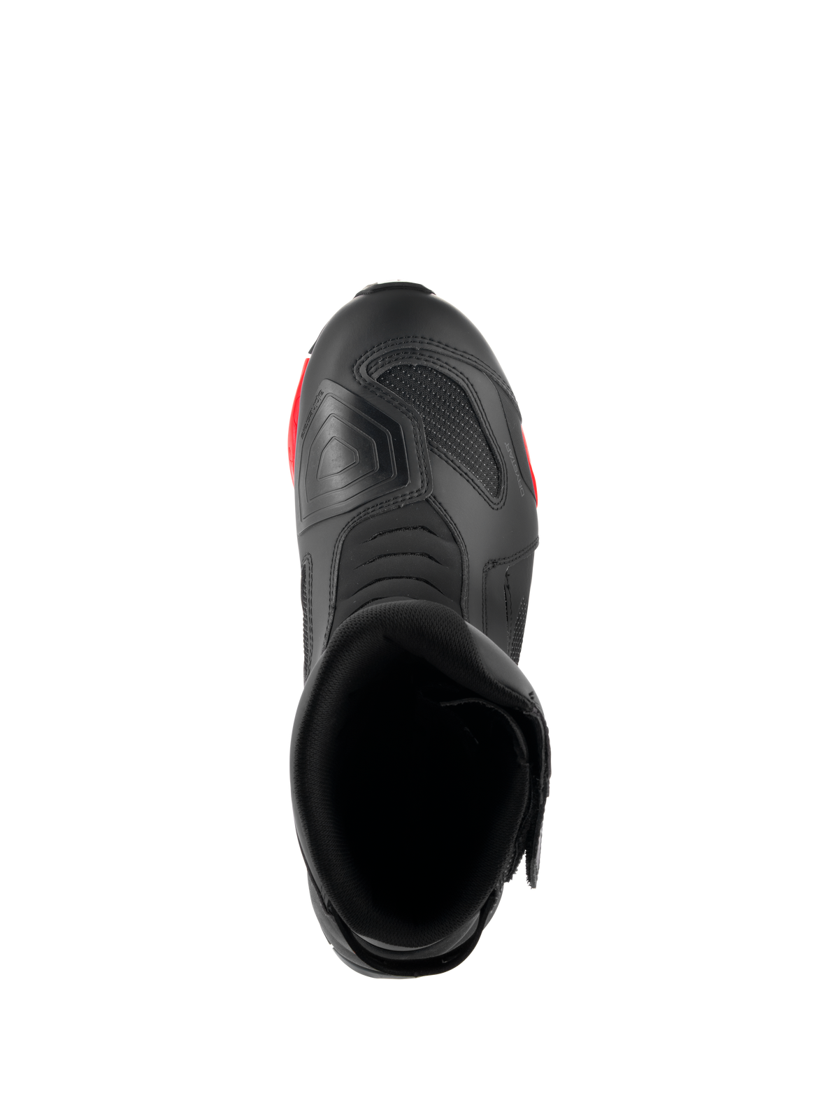 Alpinestars RT-7 Drystar® Boots, Motorcycle Touring Boots, Black and Red, top-down view showing the boot opening, interior, and textured shift pad on the toe
