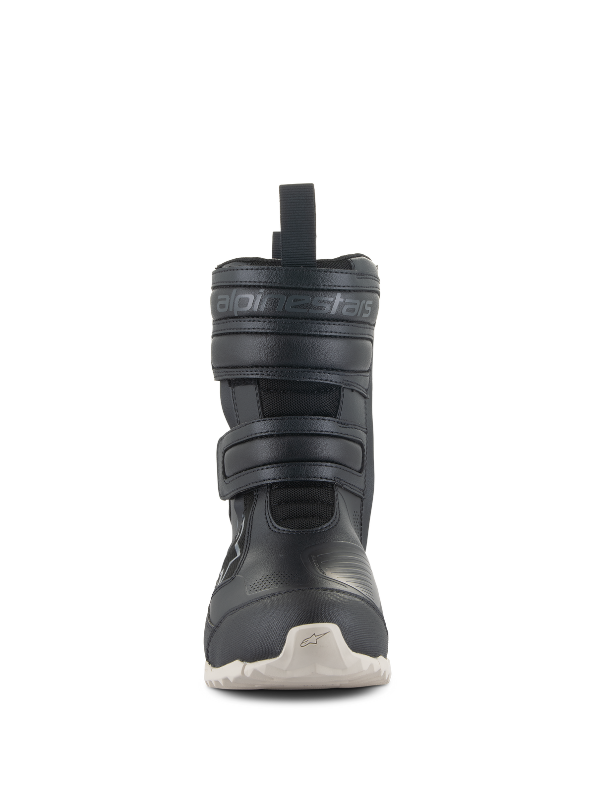 Alpinestars Stella RT-7 Touring Drystar® Damenstiefel, schwarze Motorrad-Tourenstiefel mit weißer Sohle, Frontansicht mit doppeltem Klettverschluss und geprägtem Alpinestars-Logo, technisches Design für Straßen- und Adventure-Fahrten
