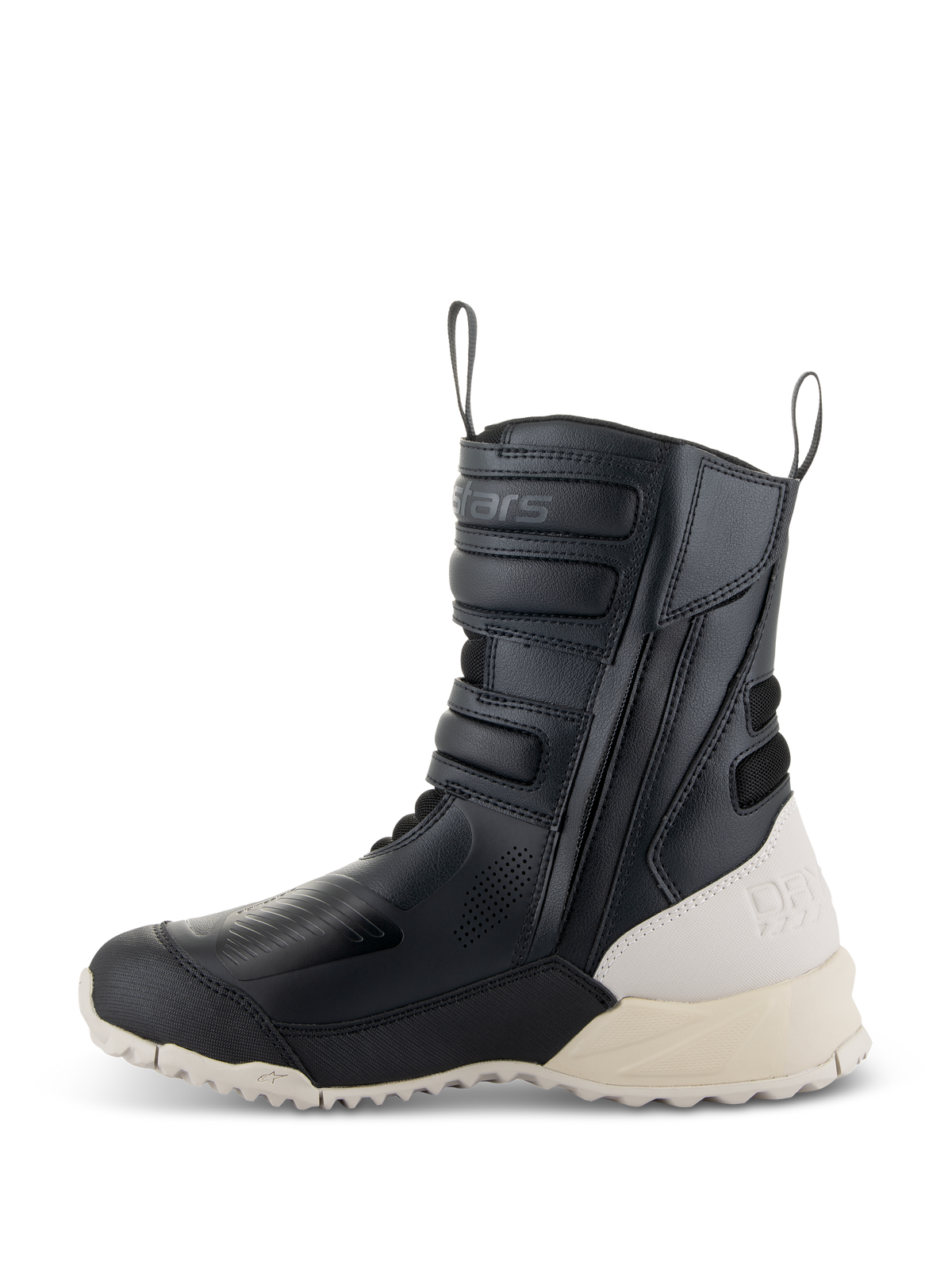 Alpinestars Damen Stella RT-7 Touring Drystar® Stiefel, Schwarz und Weiß, Seitenansicht eines hohen Touren-Motorradstiefels aus Mikrofaser, seitlicher Reißverschluss mit verstellbaren Laschen, kontrastierende cremeweiße Ferse und Sohle