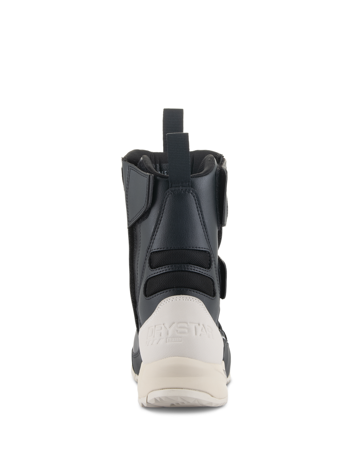 Alpinestars Stella RT-7 Touring Drystar® Damen-Stiefel, Rückansicht, Schwarz und Weiß, mit weißer verstärkter Fersenkappe inklusive Drystar-Branding, hinterer Anziehhilfe und Akkordeon-Textilpaneelen für erhöhte Flexibilität.