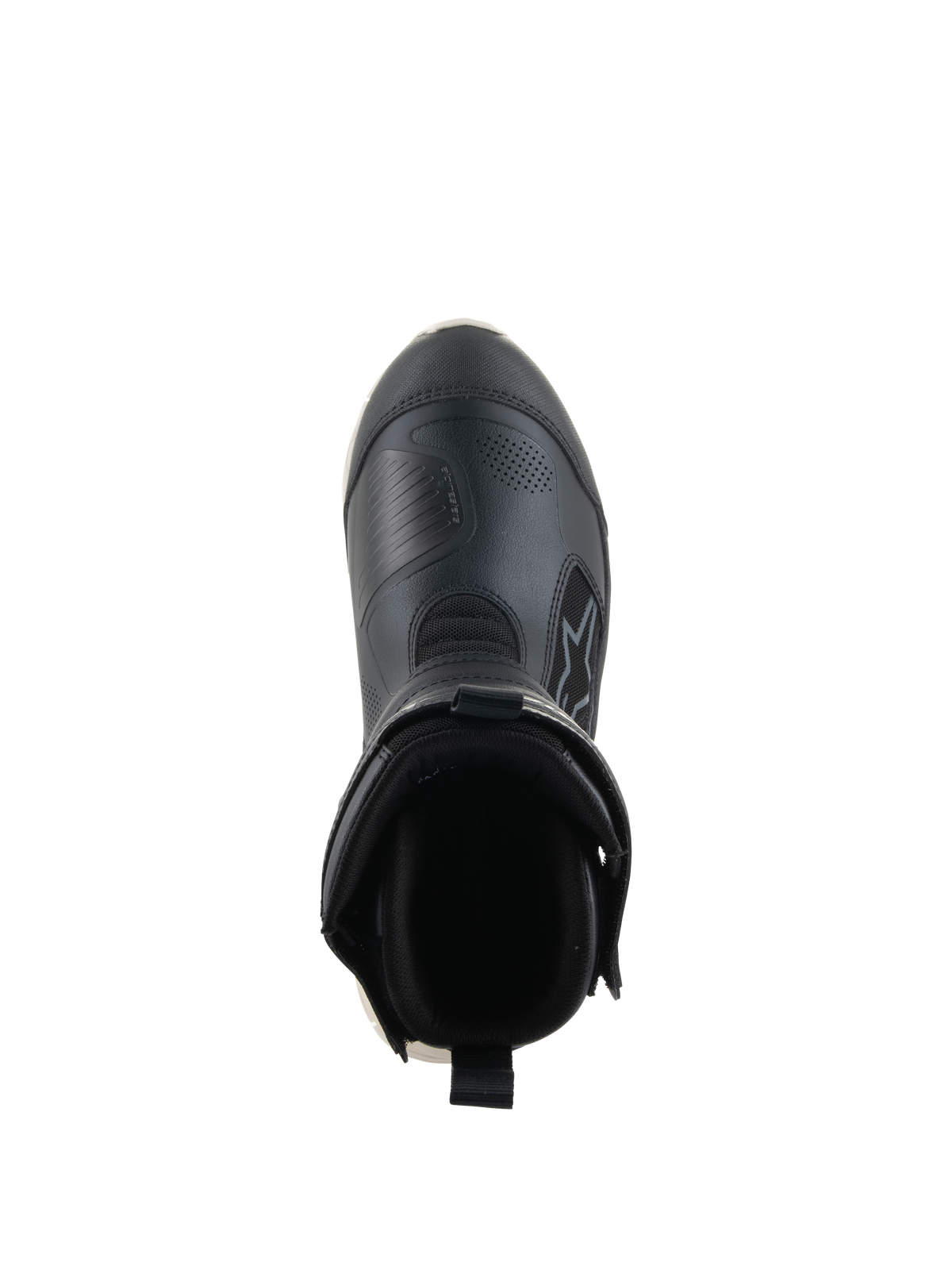 Alpinestars Stella RT-7 Touring Drystar® Stiefel, Motorrad-Tourenstiefel für Damen, Schwarz und Weiß, Draufsicht mit Blick in die Stiefelöffnung, mit gepolstertem Kragen, hinterer Zuglasche und strapazierfähigem Mikrofaser-Obermaterial mit Alpinestars-Branding.