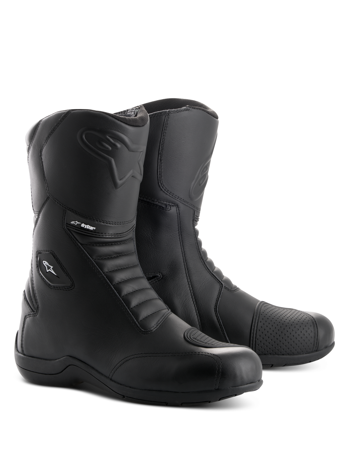 Alpinestars Andes V2 Drystar Boots, Black Motorcycle Touring Boots, waterproof leather construction with front and rear accordion flex panels, side entry zipper with flap closure, featuring embossed Alpinestars logo and Drystar branding, durable footwear for road and adventure riding.