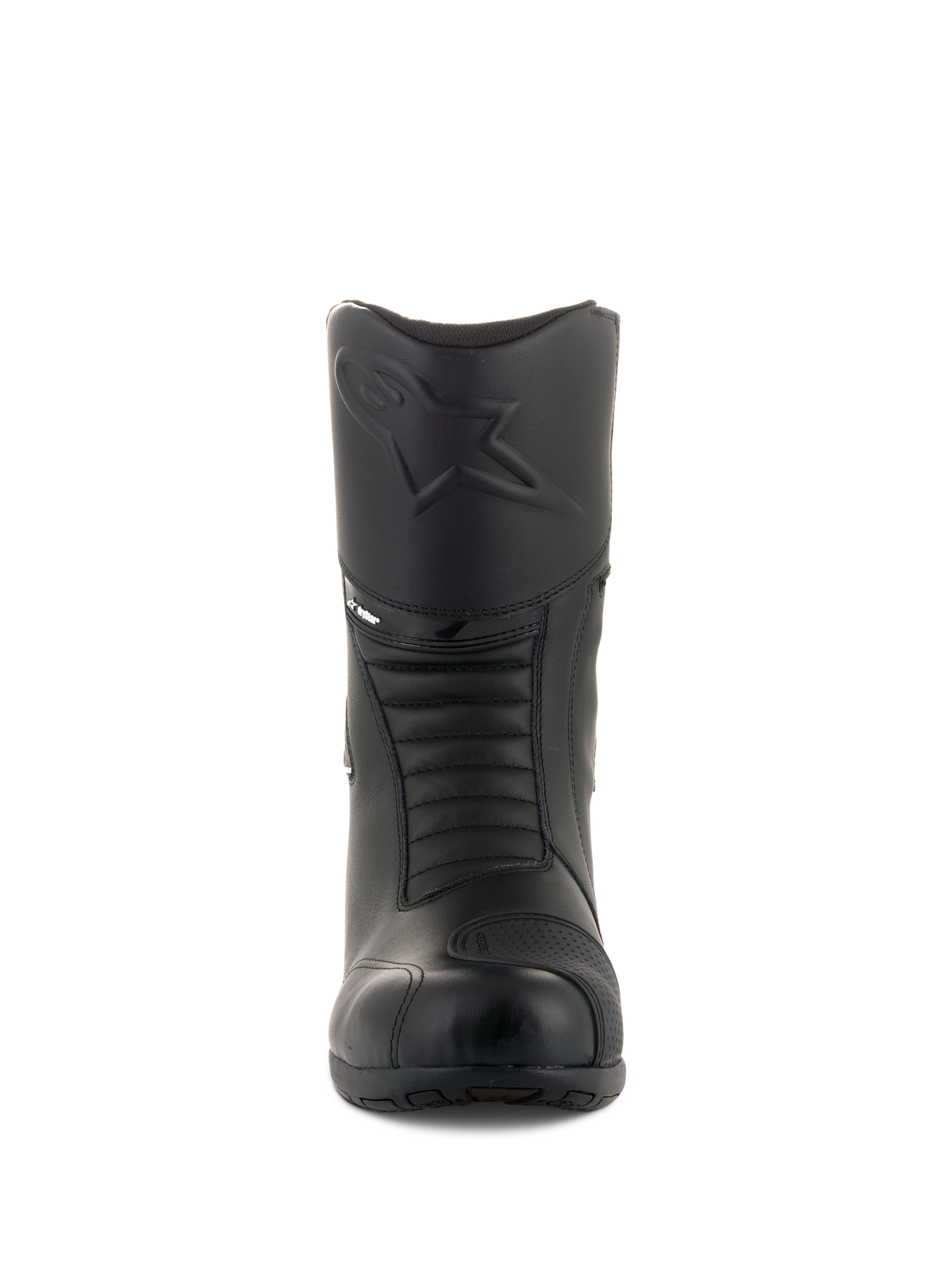 Alpinestars Andes V2 Drystar® Boots, Black Touring Motorcycle Boots, Front view showing embossed Alpinestars logo on the shin, accordion flex zones for movement, leather construction with a textured shift pad