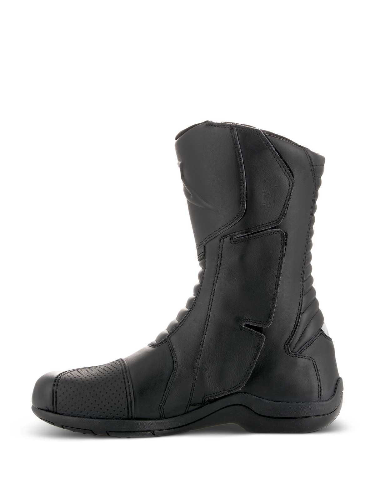 Alpinestars Andes V2 Drystar® Boots, Black Motorcycle Touring Boots, side profile view, waterproof leather construction with reinforced shin guard and accordion flex panels, adventure riding footwear