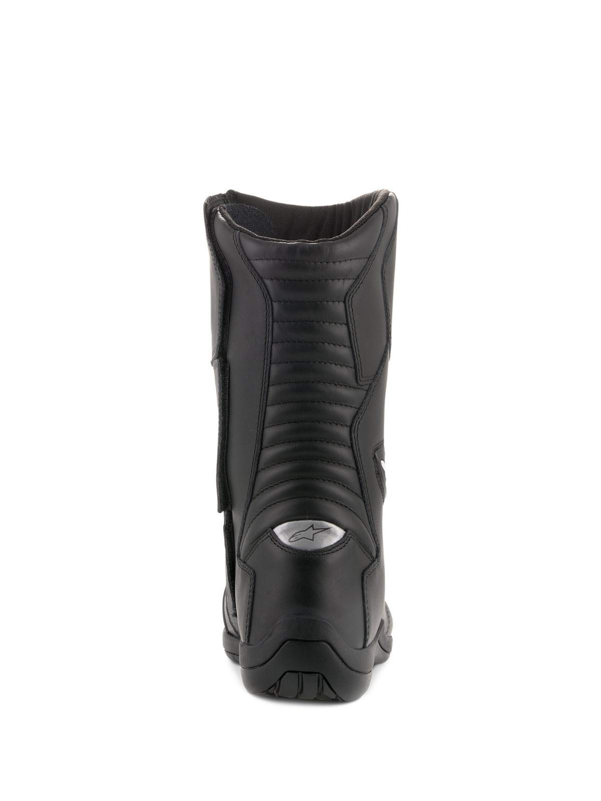 Alpinestars Andes V2 Drystar Boots, Waterproof Touring Boots, Black, Rear view highlighting accordion leather flex panels and silver reflective A-star logo on the heel, durable motorcycle footwear for adventure riding