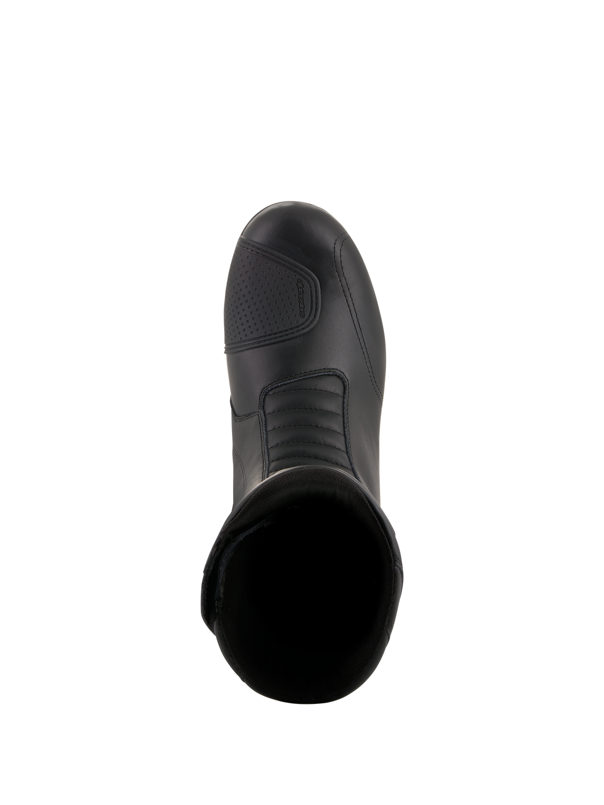 Alpinestars Andes V2 Drystar® Boots, Black motorcycle touring boots, top-down view featuring leather upper, textured shift pad, and front accordion flex zone for waterproof adventure riding.