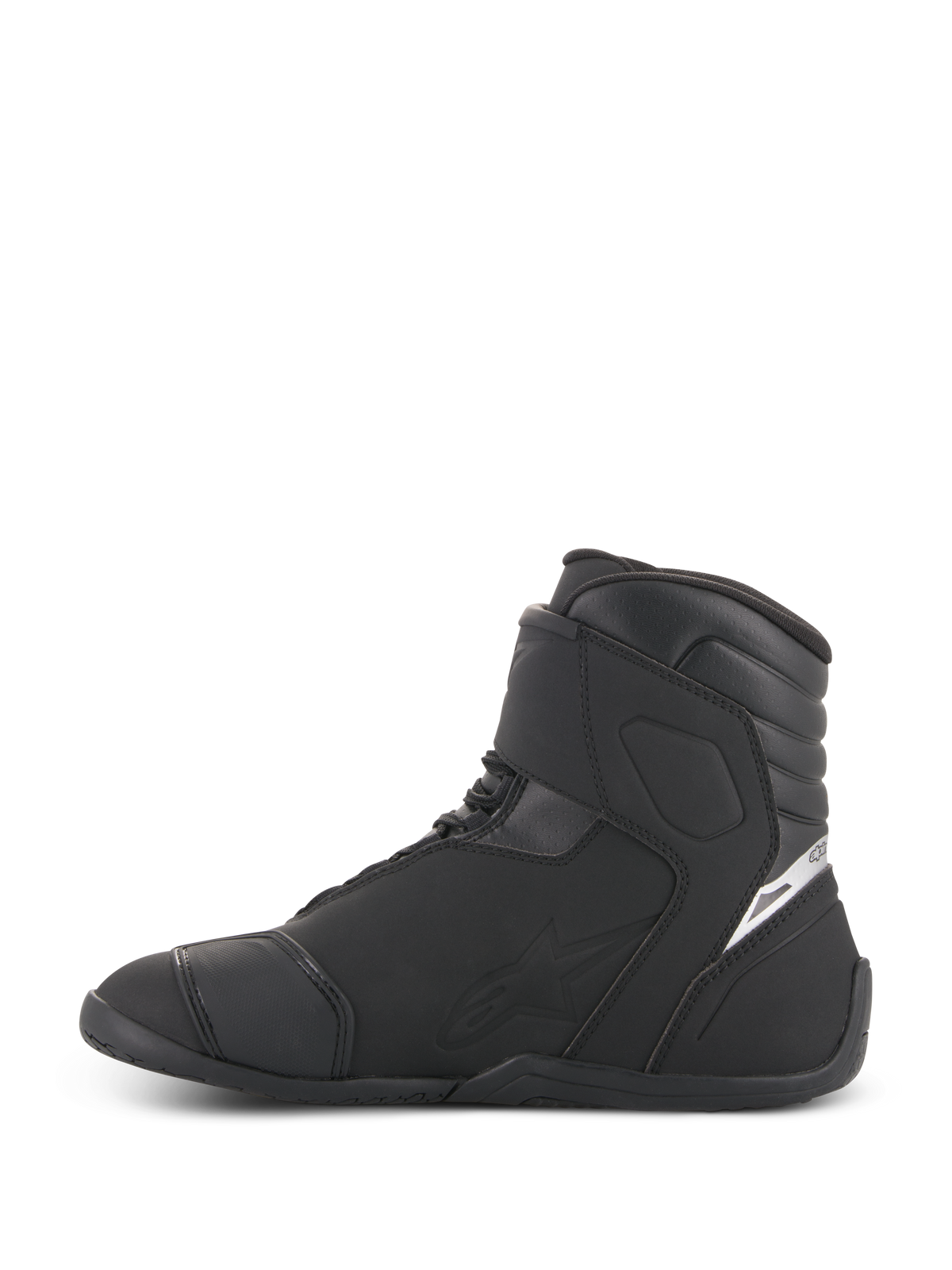 Alpinestars Fastback 2 Drystar® Wasserdichte Schuhe, Motorradschuhe, Schwarz und Weiß, Seitenansicht, Konstruktion aus schwarzem Leder und Mikrofaser mit hohem Schaft, weißes Logo-Detail an der Ferse, elegante wasserdichte Fußbekleidung für Straßenfahrten