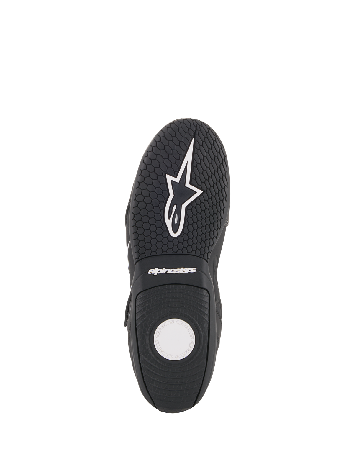 Alpinestars Fastback 2 Drystar® wasserdichte Schuhe, Motorradschuhe, Schwarz und Weiß, Sohlenansicht mit strukturierter Gummiaußensohle, hexagonalem Profilmuster und weißem Alpinestars-Branding
