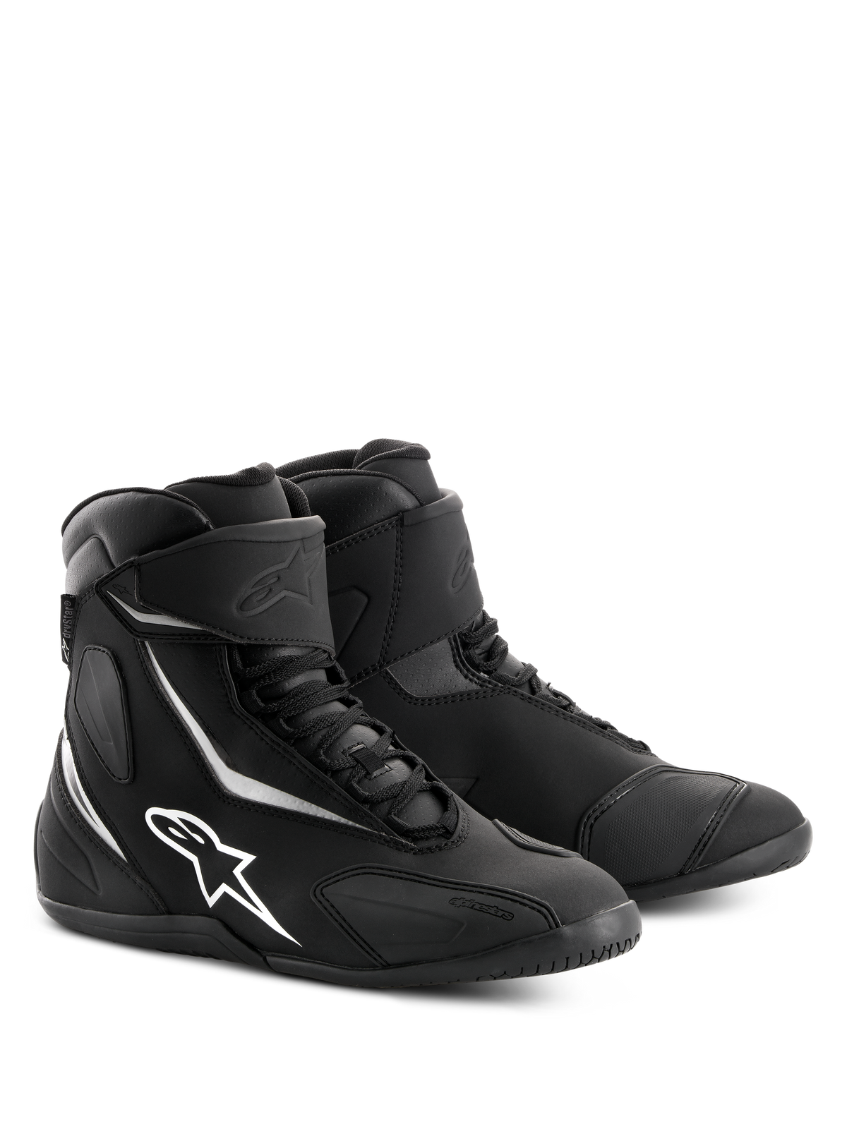 Alpinestars Fastback 2 Drystar® wasserdichte Schuhe, schwarz-weiße Motorradschuhe, High-Top-Design mit weißem Alpinestars-Logo und Akzenten, Schnürverschluss mit Klettverschluss-Knöchelriemen, strapazierfähige Konstruktion für Straßentouren.
