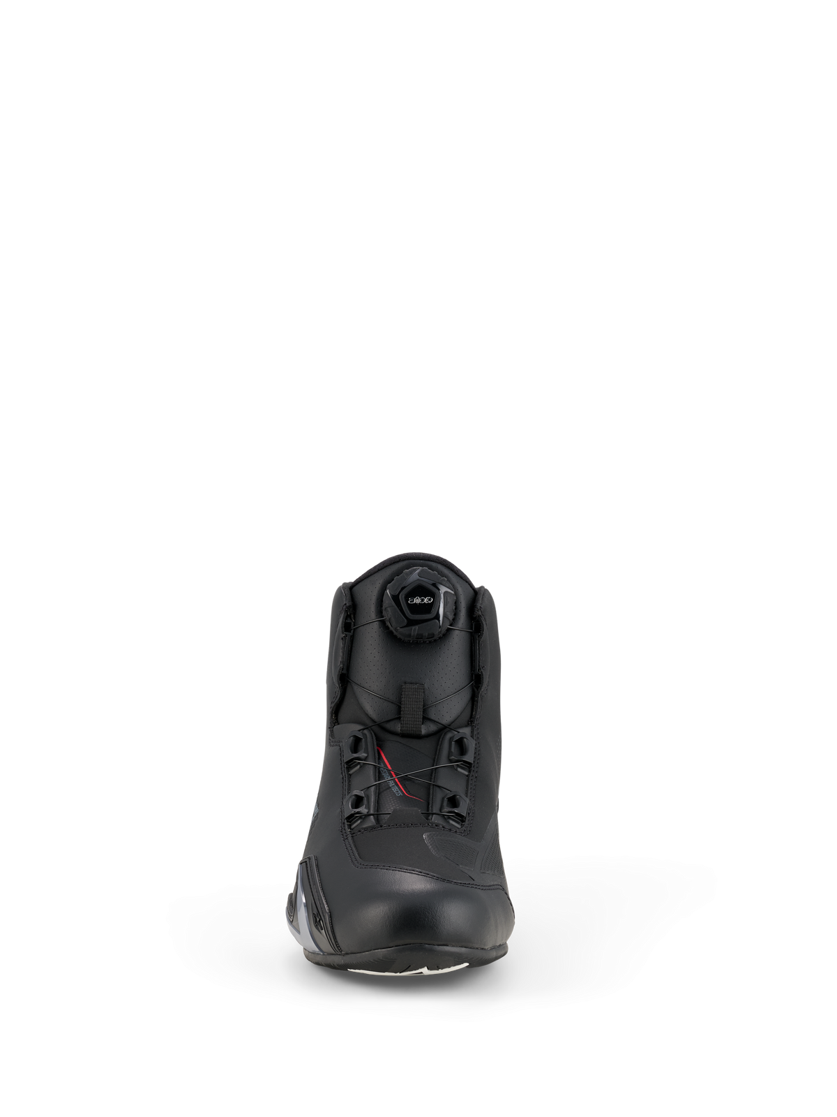 Alpinestars Celer Schuhe, Motorradschuhe, Schwarz, Vorderansicht mit integriertem Rotor-Verschlusssystem, technische Mikrofaser-Konstruktion mit schlankem Profil und verstärktem Zehenbereich.