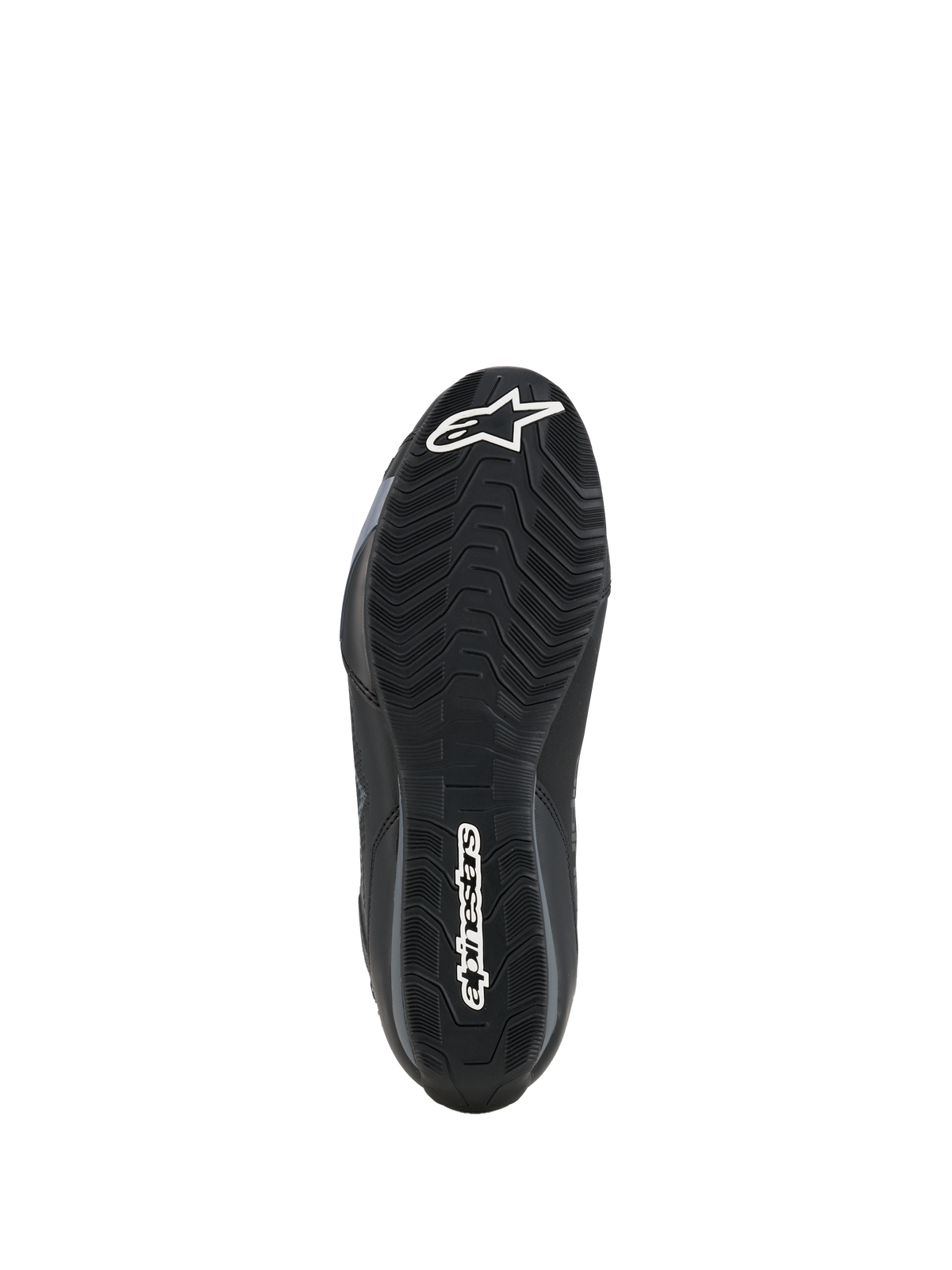 Alpinestars Celer Schuhe, Ansicht der Außensohle, schwarze ölbeständige Gummimischung mit strukturiertem wellenförmigem Profil, weißes Alpinestars-Logo an Zehen und Ferse, entwickelt für optimalen Halt auf Motorrad-Fußrasten