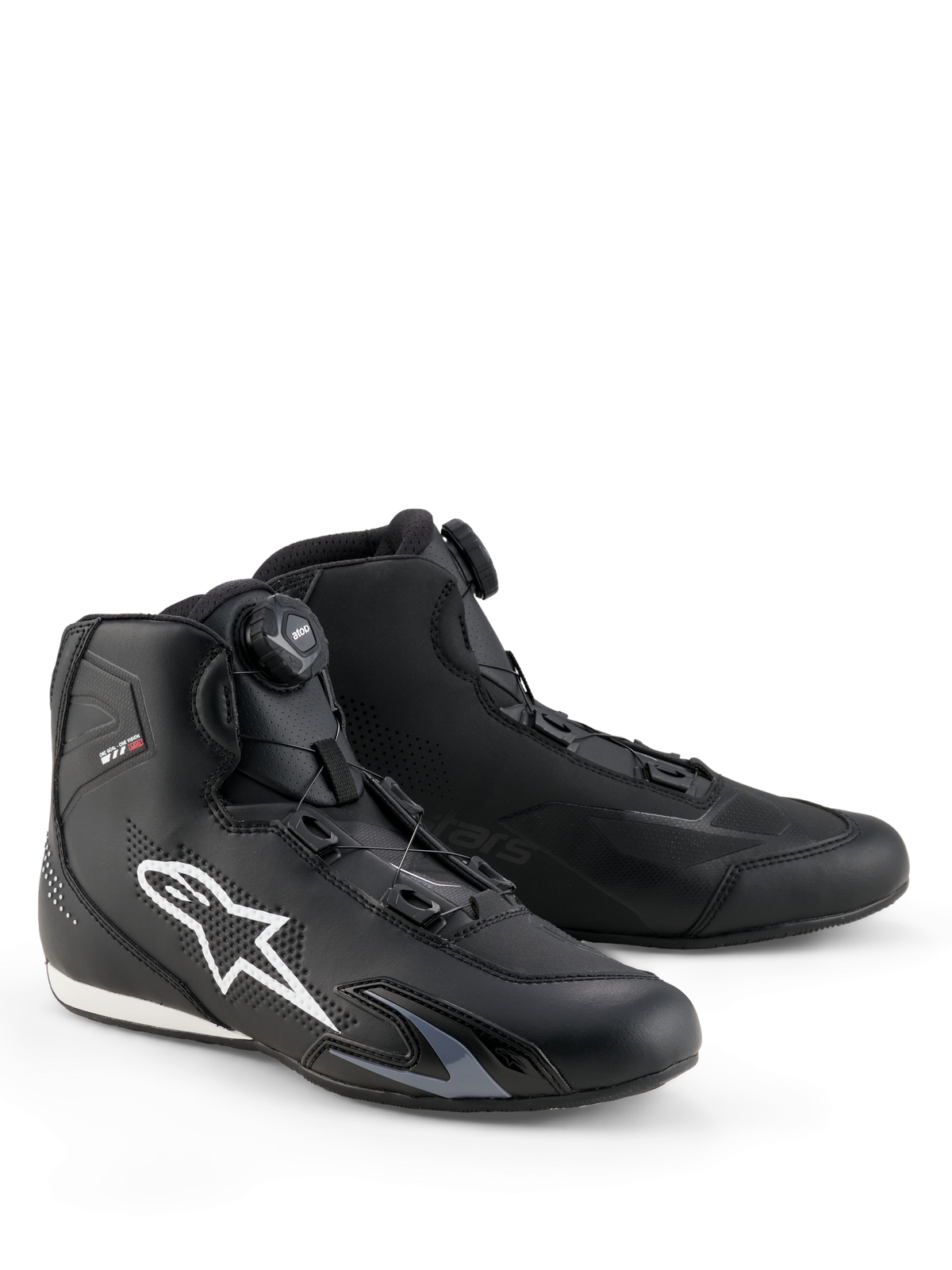 Alpinestars Celer Shoes, Motorcycle Riding Shoes, Black and White, featuring the Rotor Closure System dial, large white Astar logo on the side, sleek technical microfiber construction for sport street performance