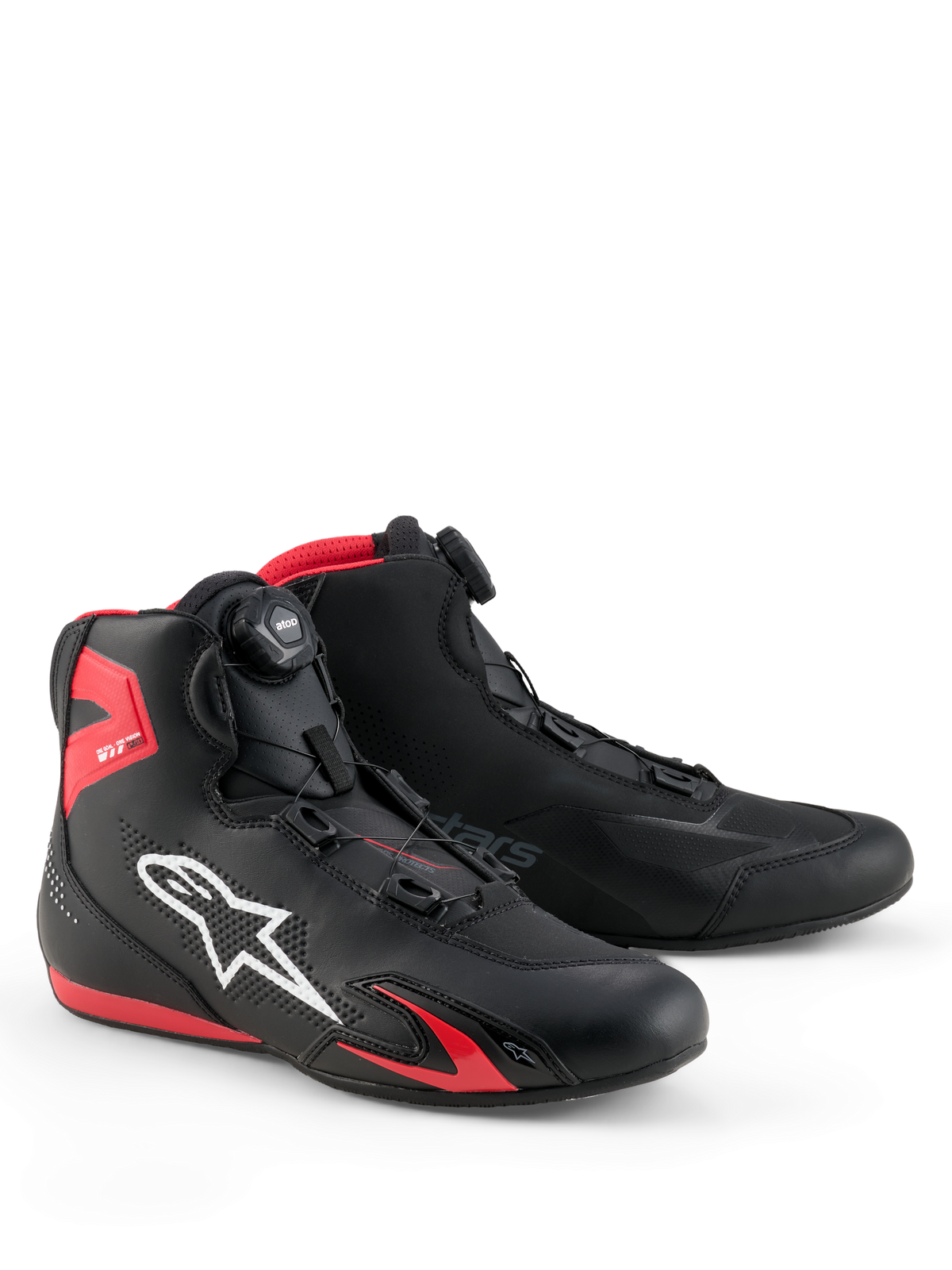 Alpinestars Celer Schuhe, Motorradschuhe, Schwarz und leuchtendes Rot, mit weißem Astars-Logo, mikrometrischem Rotor-Verschlusssystem und technischer Mikrofaser-Konstruktion mit roten TPU-Akzenten, stromlinienförmiges sportliches Design für Rennsport und Straßenfahrten