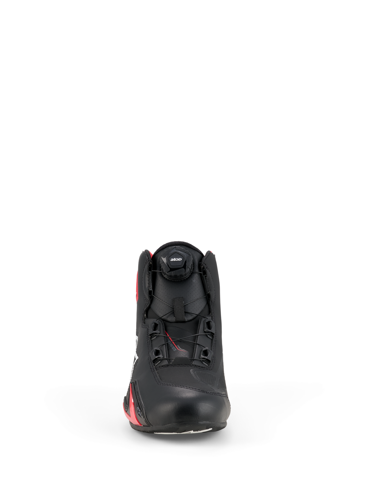 Alpinestars Celer Schuhe, Motorradschuhe, Schwarz und leuchtendes Rot, Vorderansicht mit dem Rotor-Verschlusssystem, Obermaterial aus technischer Mikrofaser und stromlinienförmiges, vom Rennsport inspiriertes Design