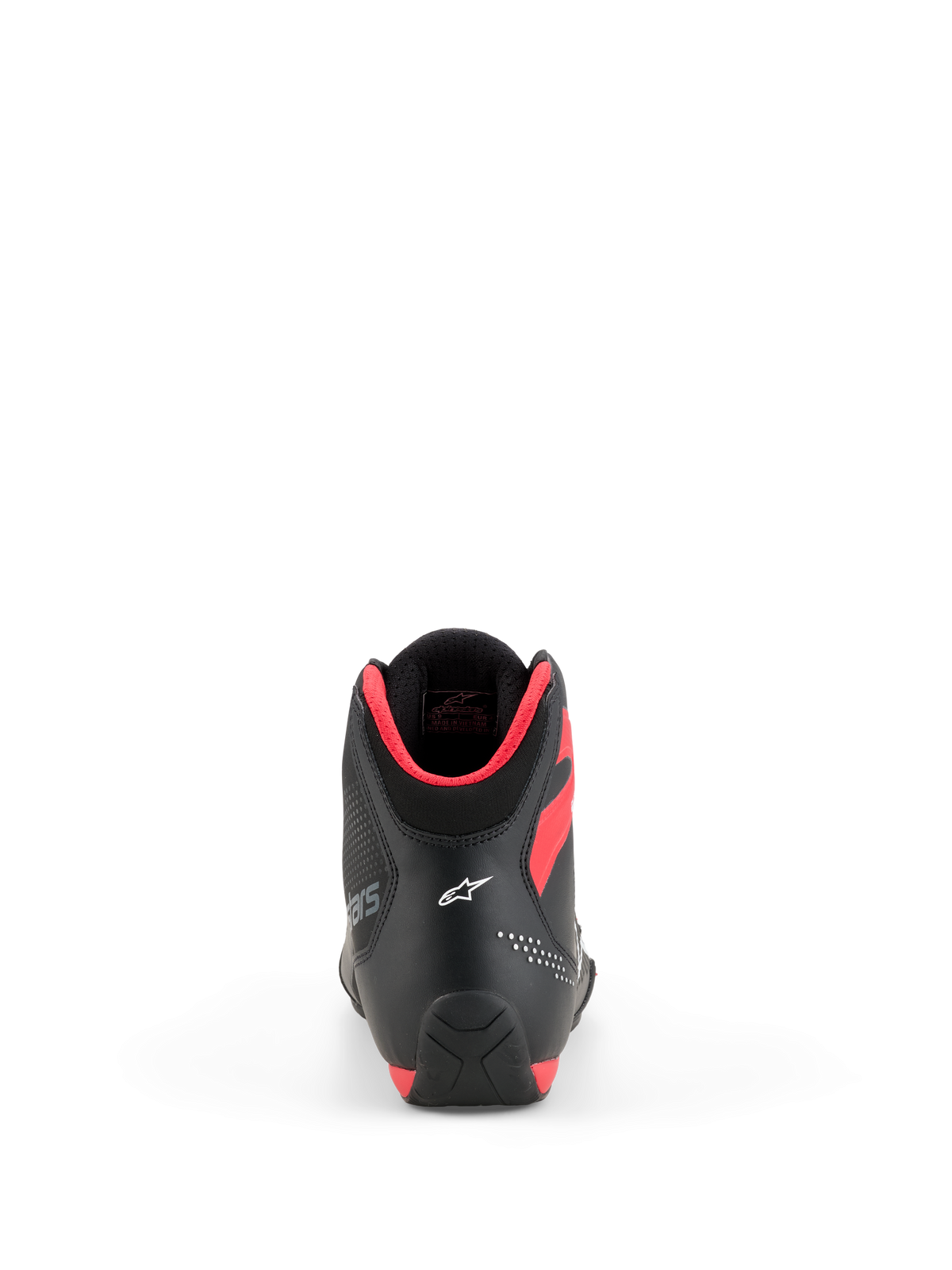 Alpinestars Celer Schuhe, Motorradschuhe, Schwarz und Leuchtend Rot, Rückansicht mit weißem Astar-Logo an der Ferse und leuchtend roter Kragenpolsterung, schlankes Sport-Performance-Design