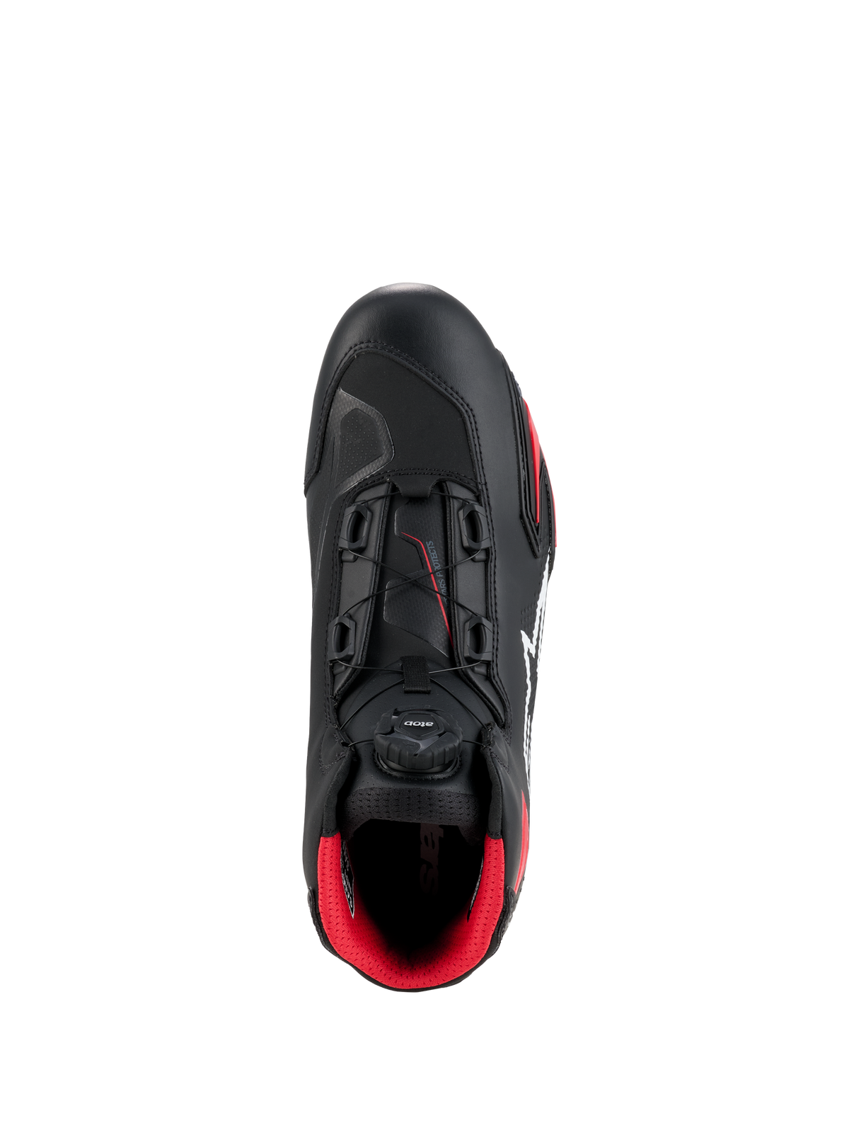 Alpinestars Celer Schuhe, Schwarz und Bright Red, Draufsicht mit Fokus auf das Rotor-Verschlusssystem, technische Mikrofaser-Konstruktion und leuchtend rotes Innenfutter, Sport-Motorradschuhe