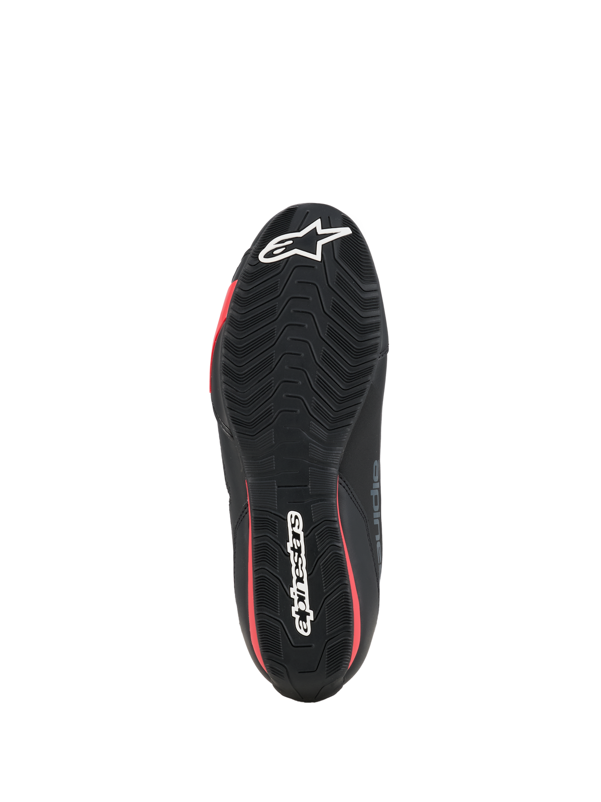 Alpinestars Celer Schuhe, Motorradschuhe, Schwarz und Bright Red, Unteransicht der strukturierten Gummisohle mit weißem Alpinestars-Branding und roten Akzenten.