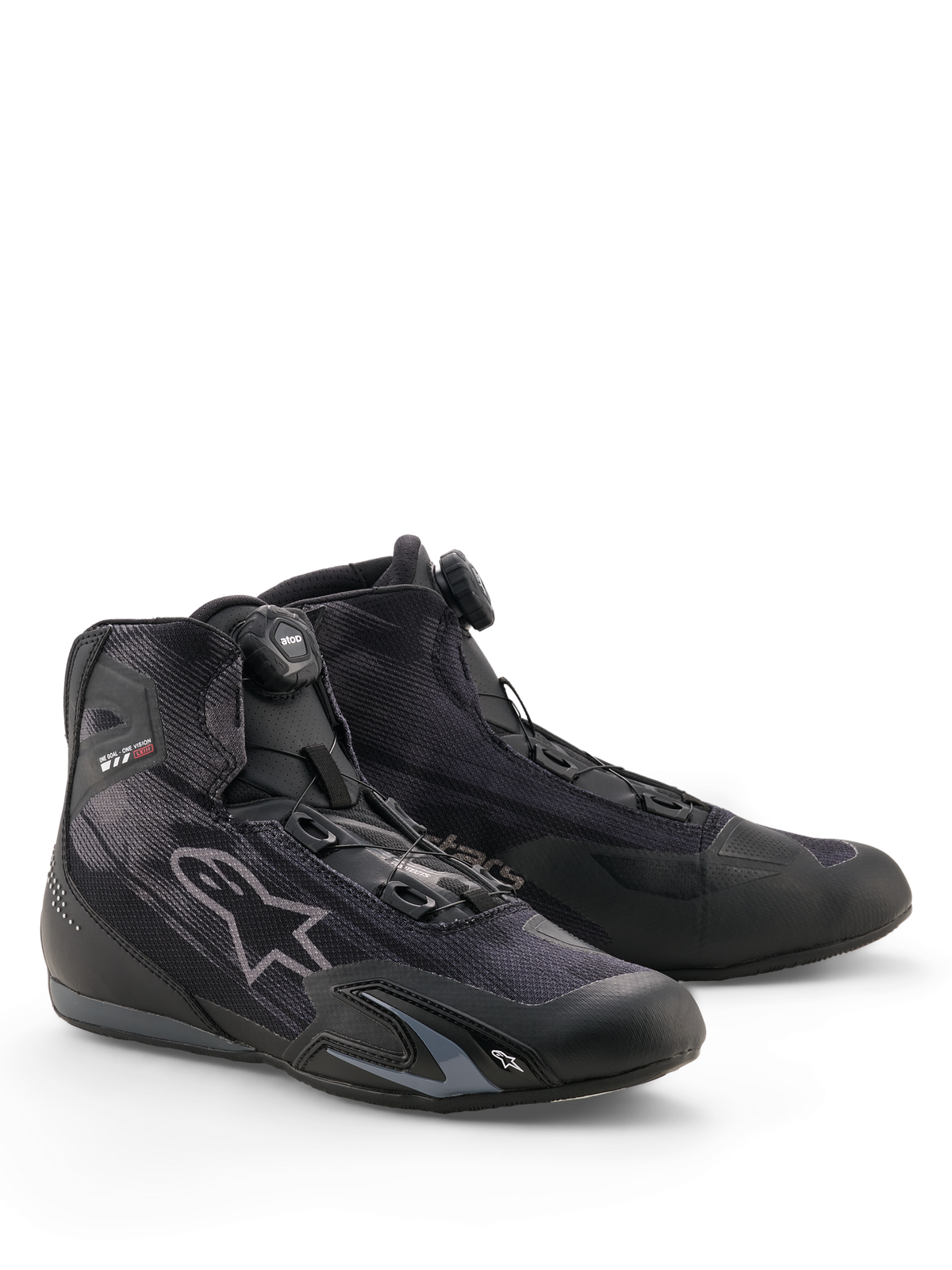 Alpinestars Celer Superair Shoes, Motorcycle Riding Shoes, Black and Dark Gray, featuring Rotor Closure System dial, high-airflow textile upper, sleek sport profile with Alpinestars branding, designed for warm weather riding.