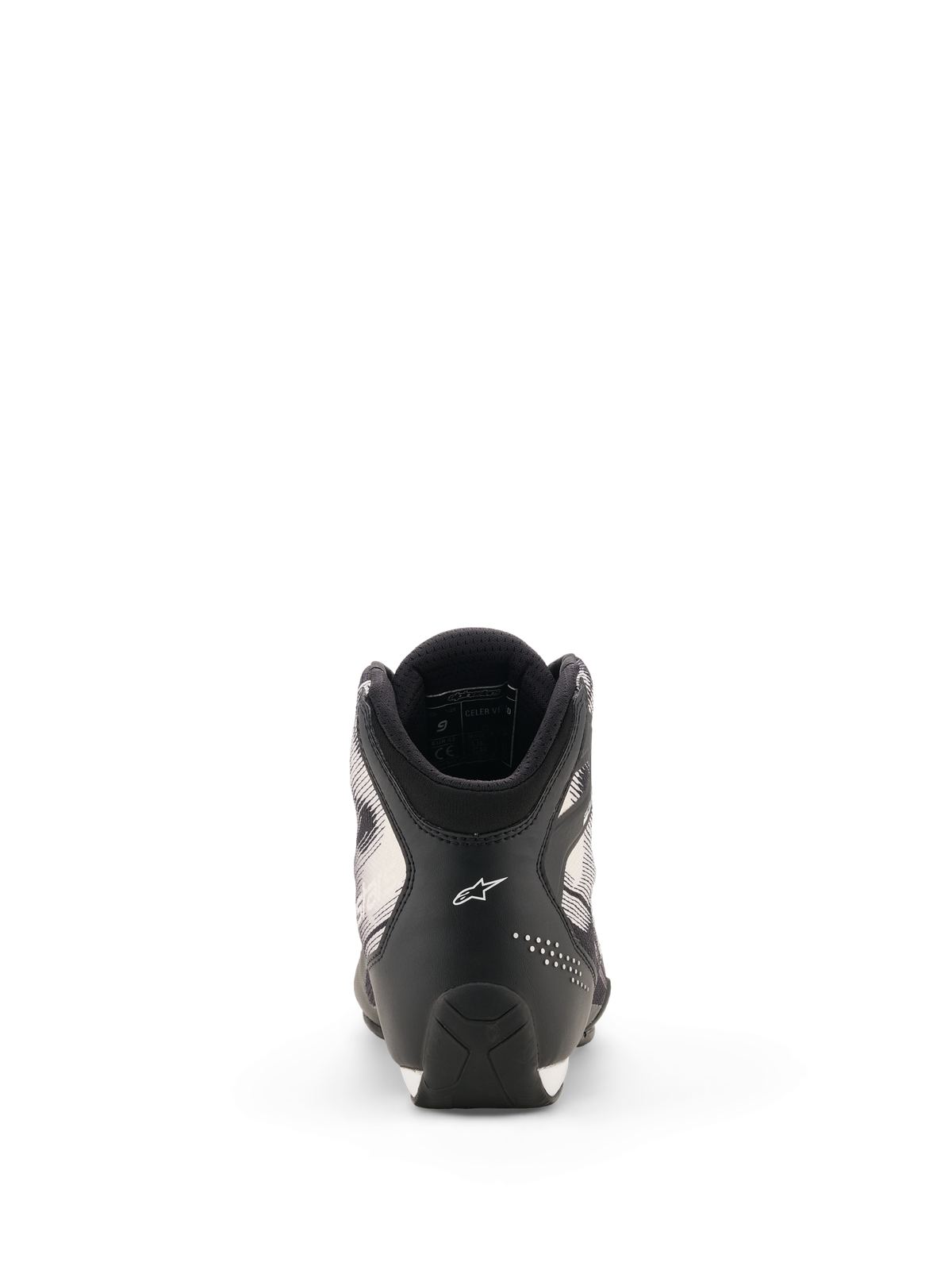 Alpinestars Celer Superair Schuhe, Motorradschuhe, Schwarz und Weiß, Rückansicht mit Fokus auf die Ferse, weißes Astar-Logo, perforierte Akzente und strukturiertes Sohlendesign