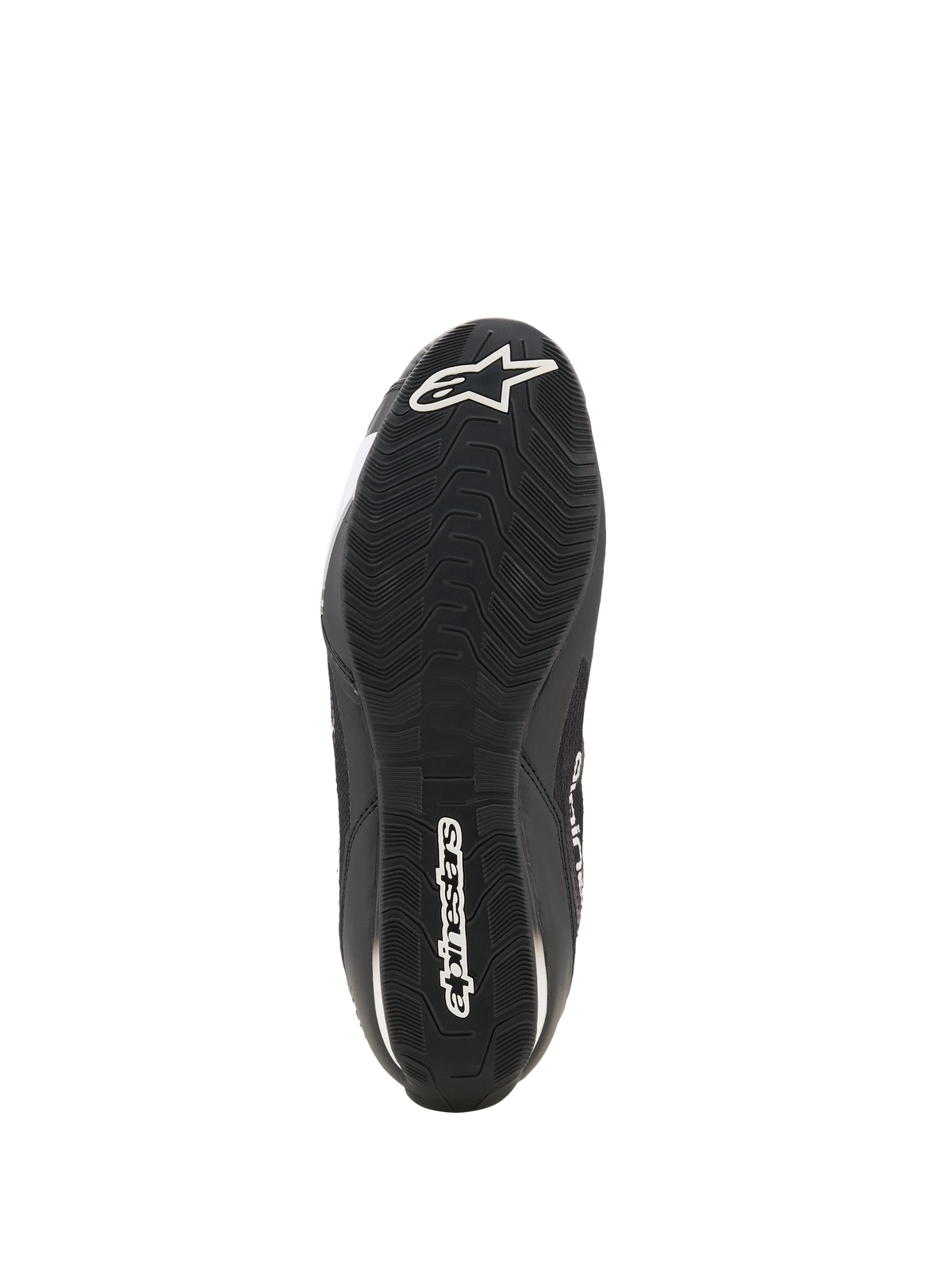 Alpinestars Celer Superair Schuhe, Motorradschuhe, Schwarz und Weiß, Unteransicht der ölresistenten Gummilaufsohle mit strukturiertem Profil, weißes Alpinestars-Logo an der Ferse und Markenname in der Mitte für Grip und Performance