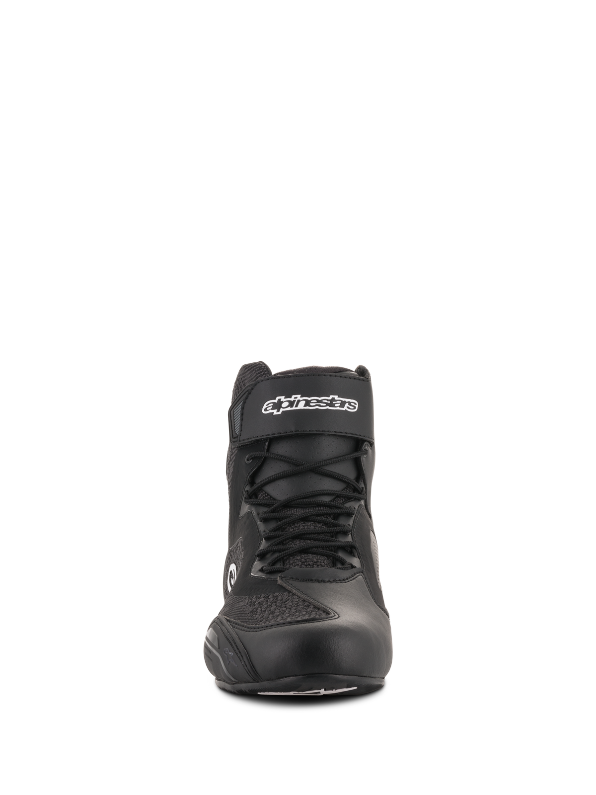 Alpinestars Faster-3 Rideknit® Shoes, Motorcycle Riding Shoes, Black, front view, featuring a hook and loop ankle strap with white branding, laces, and breathable knit mesh panels, sleek road riding footwear