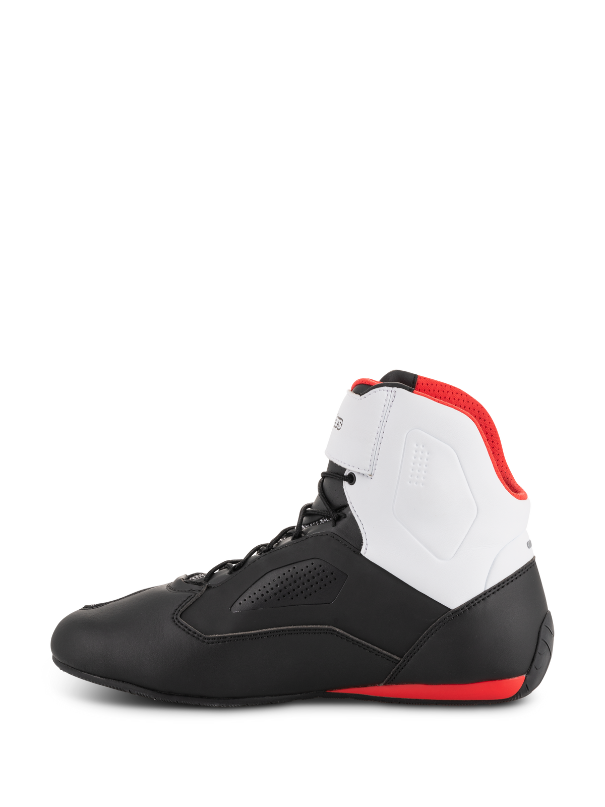 Alpinestars Faster-3 Rideknit® Shoes, motorcycle riding shoes, Black White and Red, side profile featuring black lower chassis, white ankle panel, red interior lining, and red sole accent at the heel, sleek road racing design